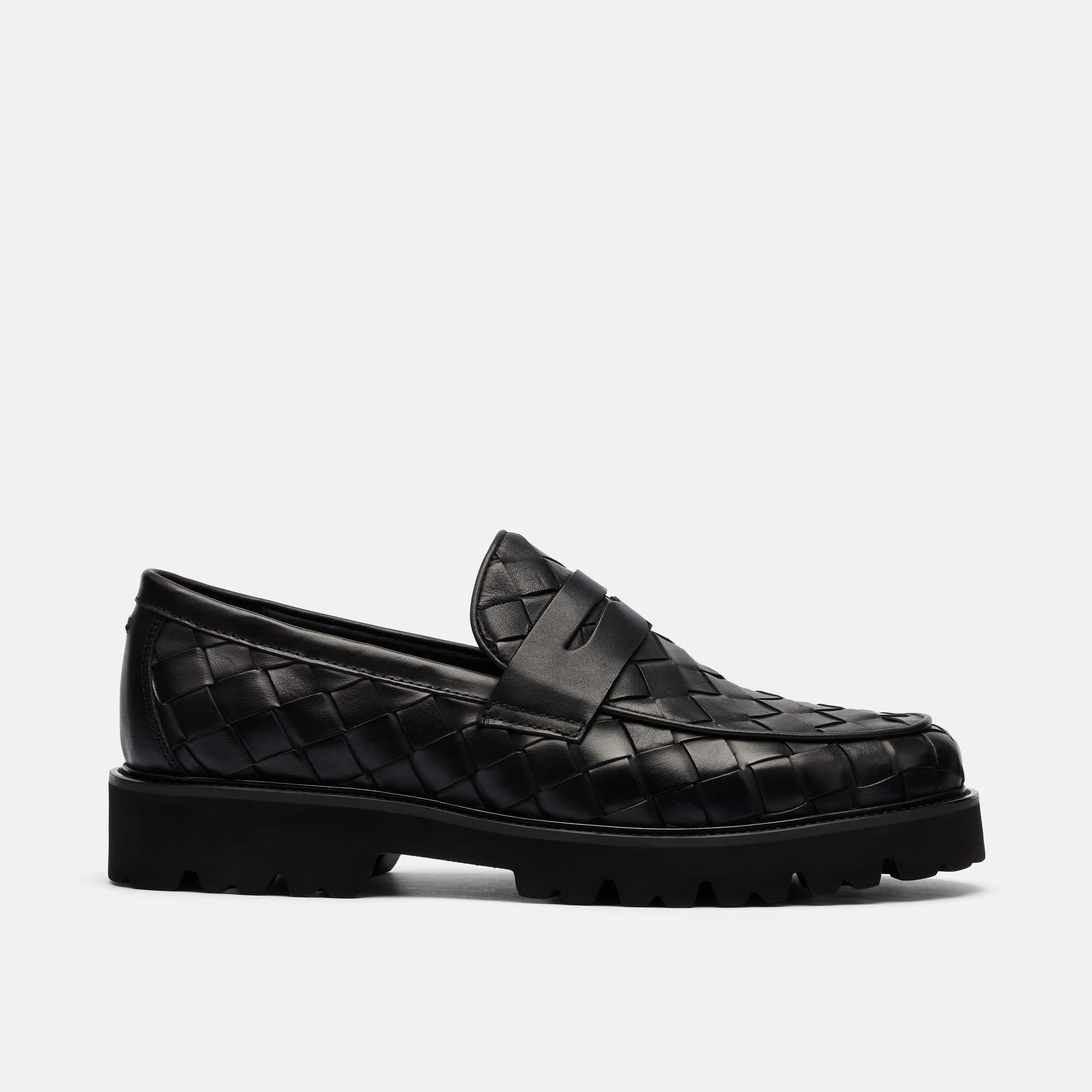 Adler Black Woven Leather Lug Penny Loafers