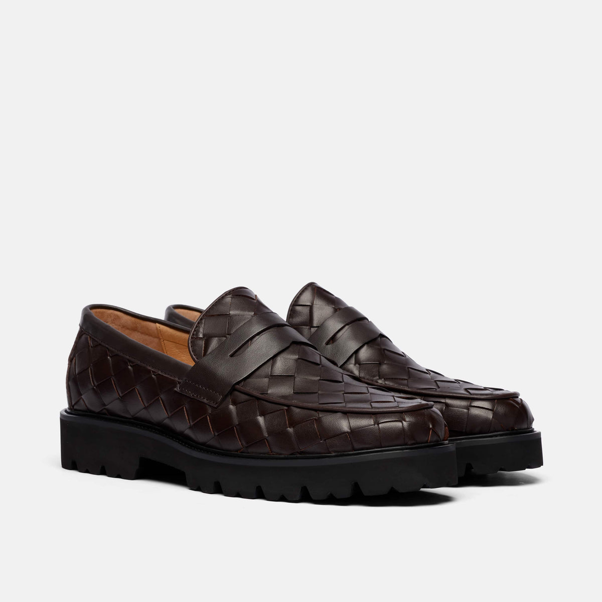 Adler Dark Brown Woven Leather Lug Penny Loafers