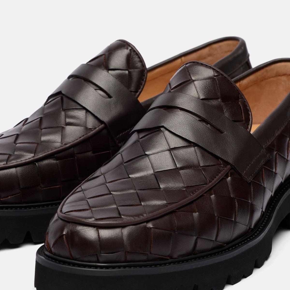 Adler Dark Brown Woven Leather Lug Penny Loafers