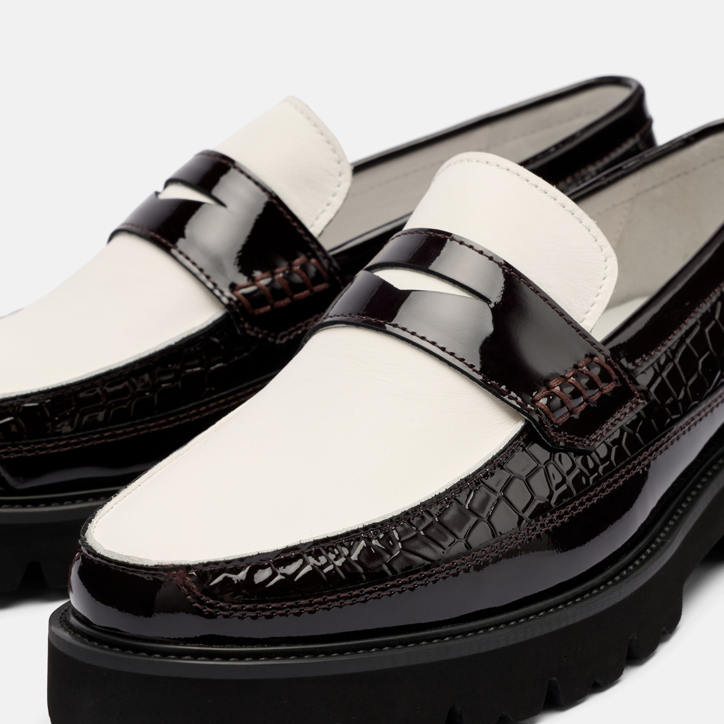 Adler Oxblood/White Patent Leather Lug Penny Loafers
