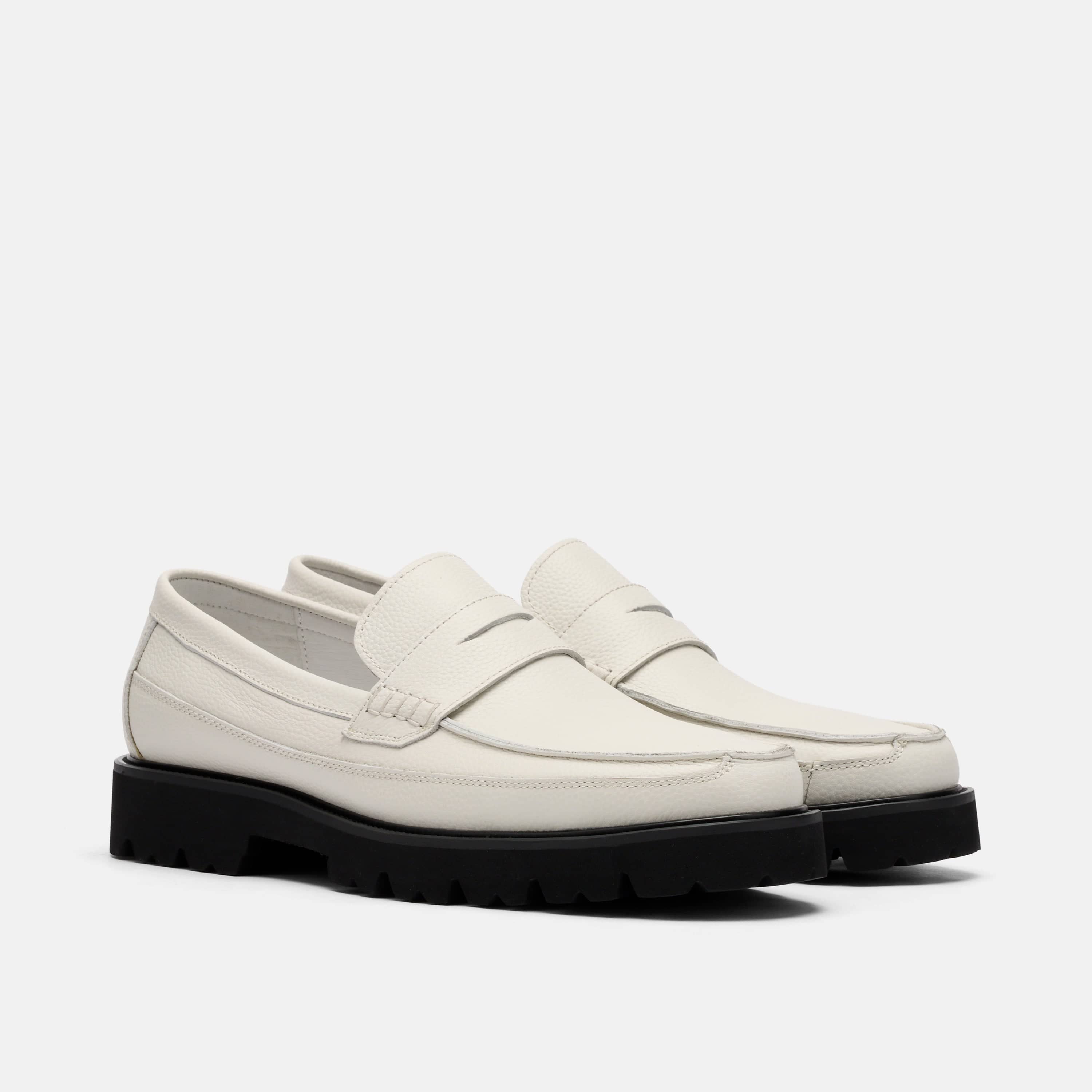 Adler White Pebble Leather Lug Penny Loafers
