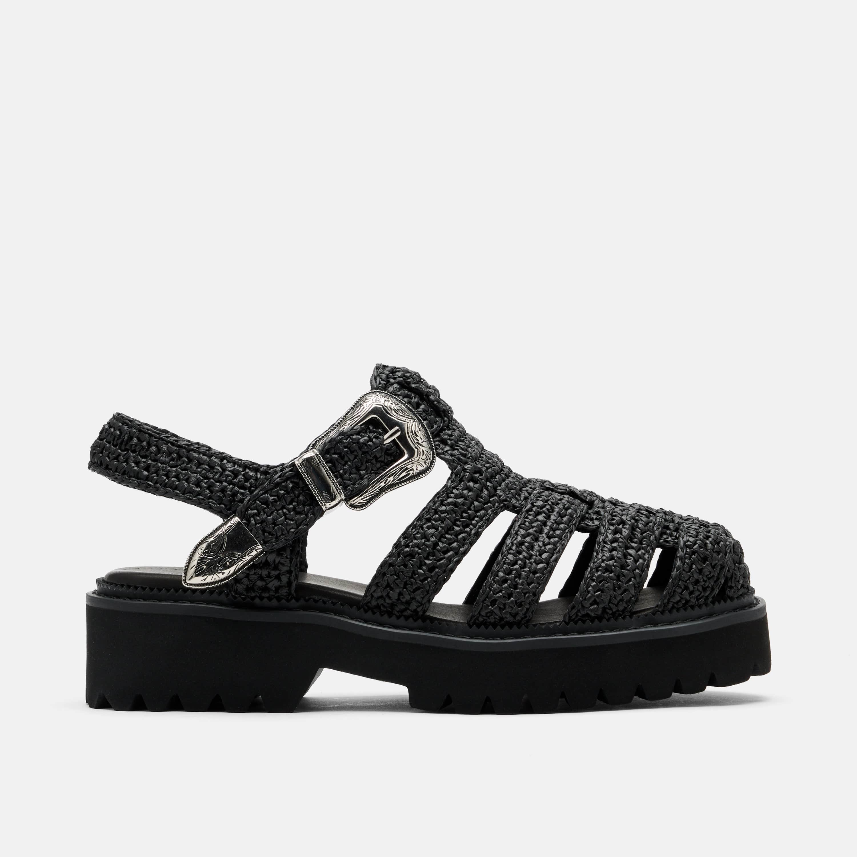 Maya Black Crochet Lug Fisherman Sandals