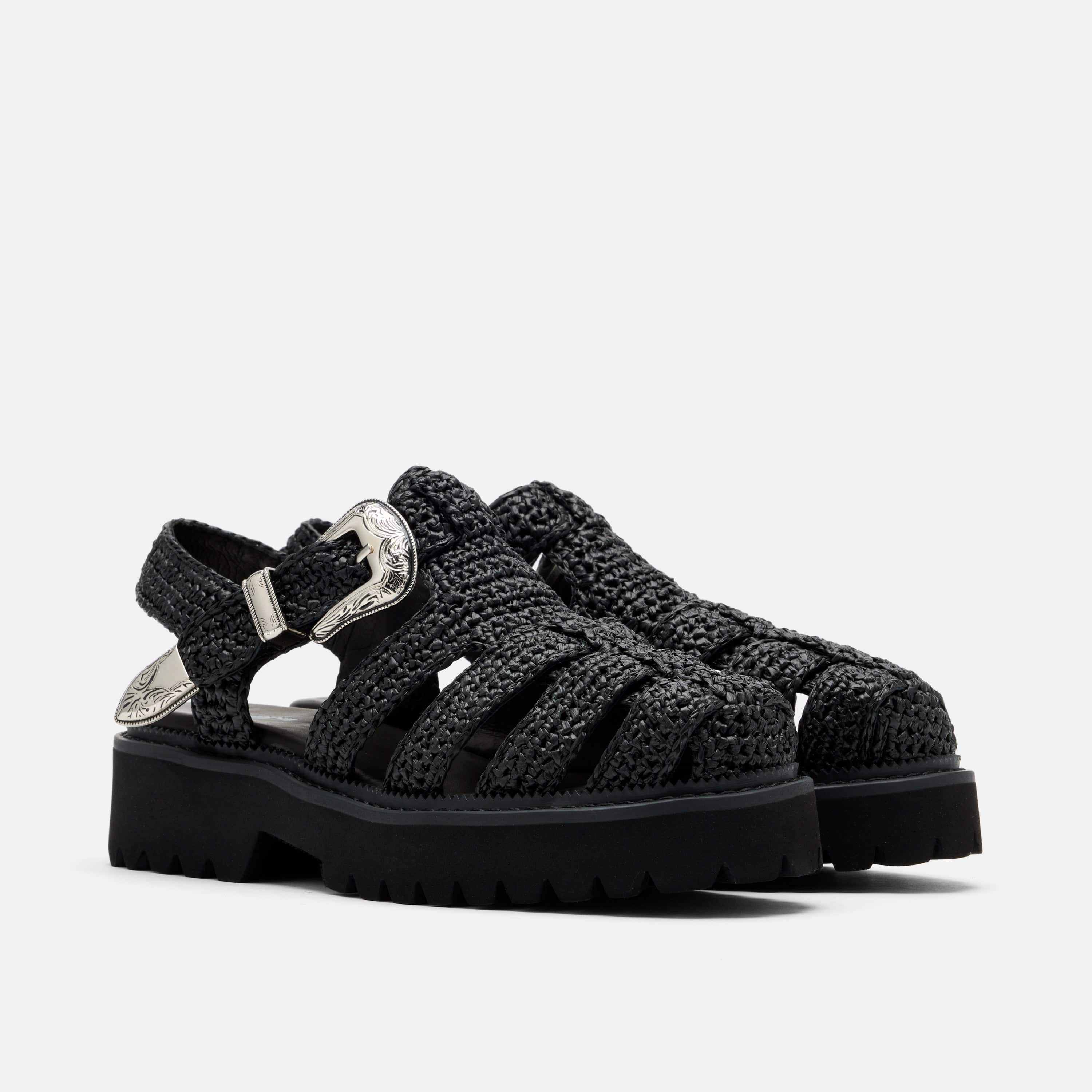Maya Black Crochet Lug Fisherman Sandals
