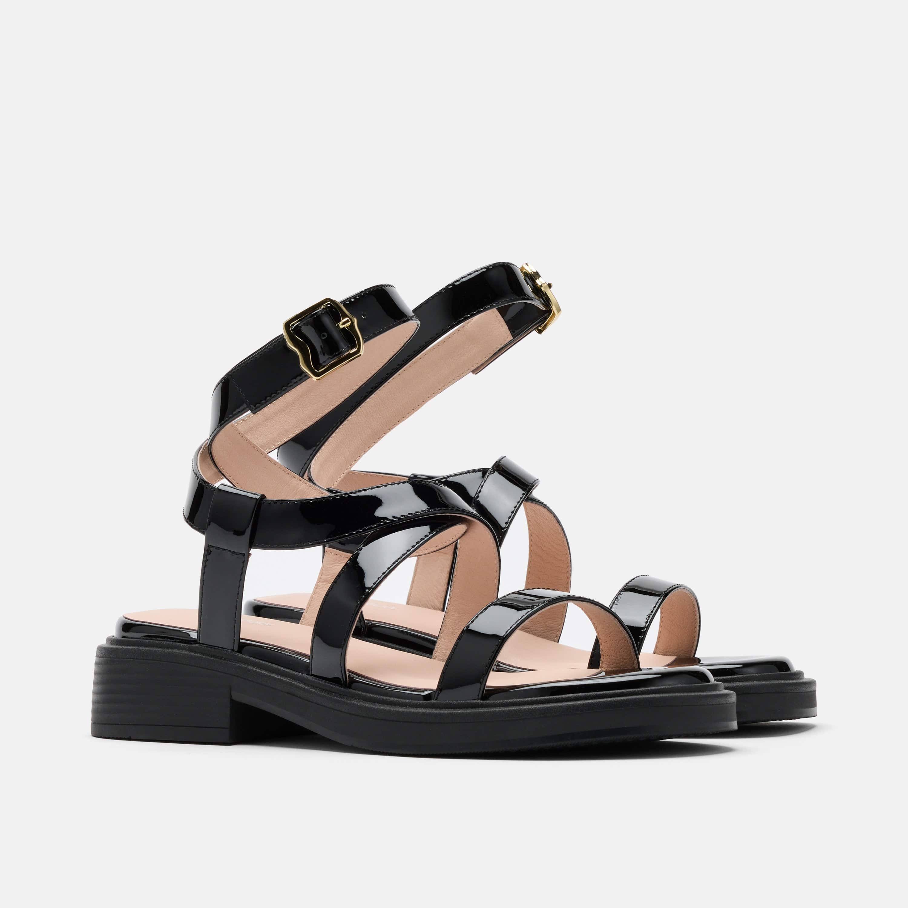 Adriana Black Patent Strappy Block Heel Sandal