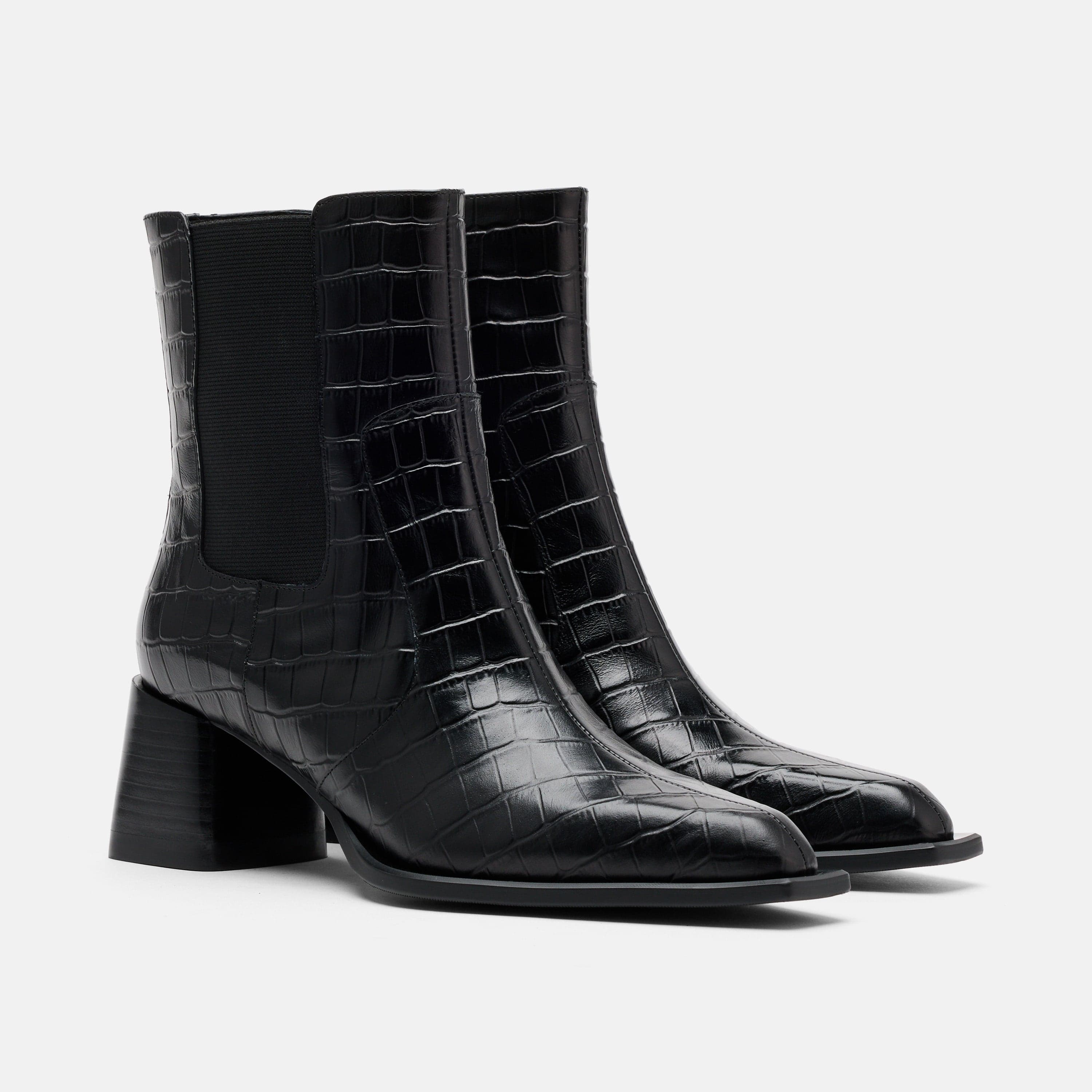 Harper Black Croc Leather Square Toe Chelsea Boots