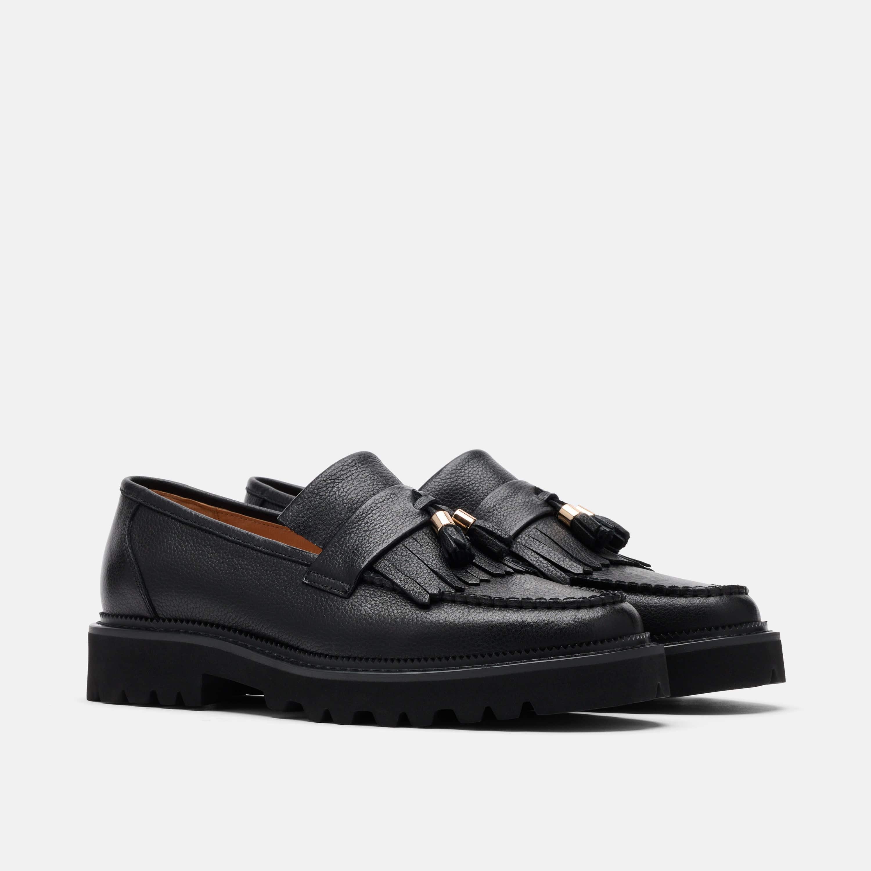 Journey Black Pebble Leather Lug Tassel Loafer