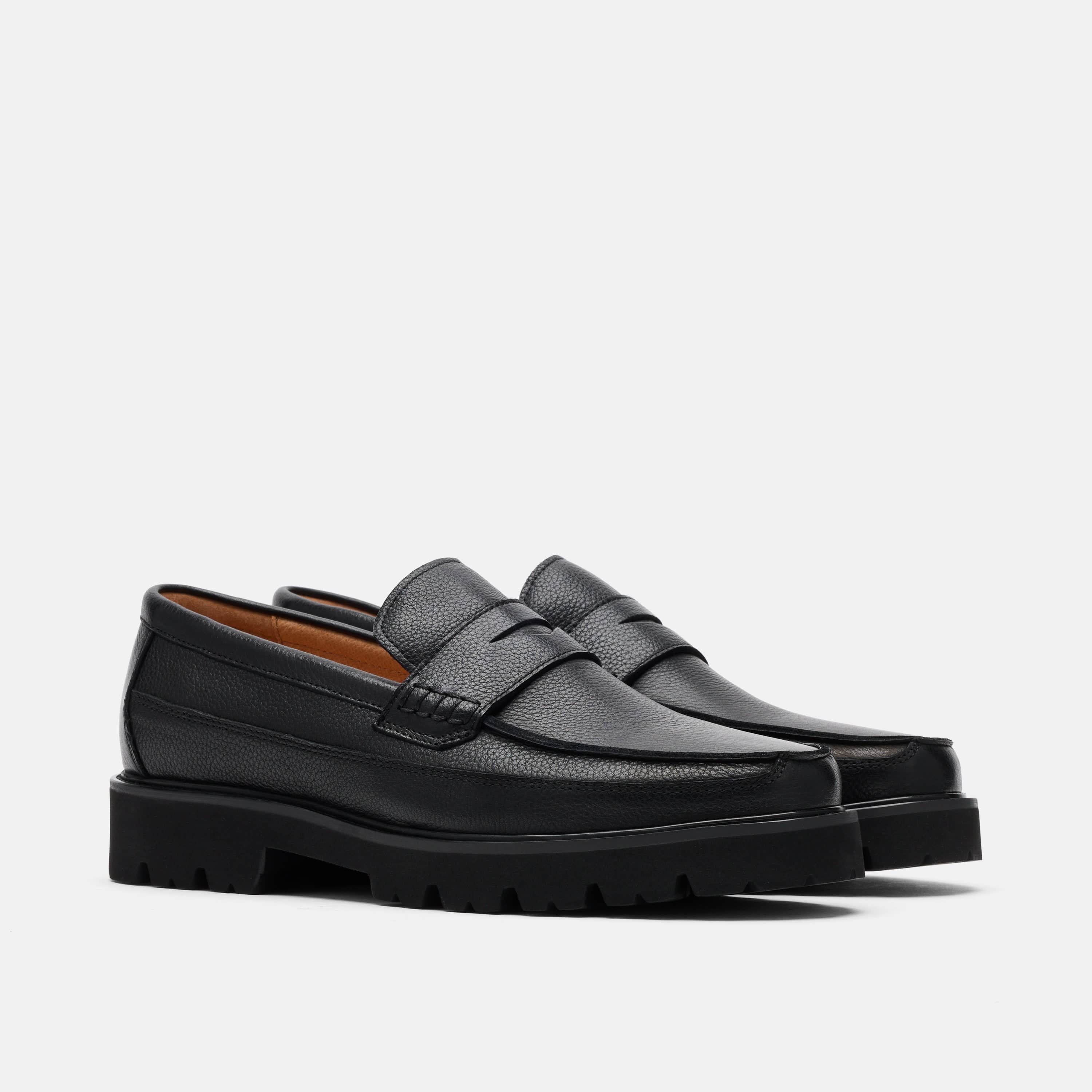 Adler Black Pebble Leather Lug Penny Loafers
