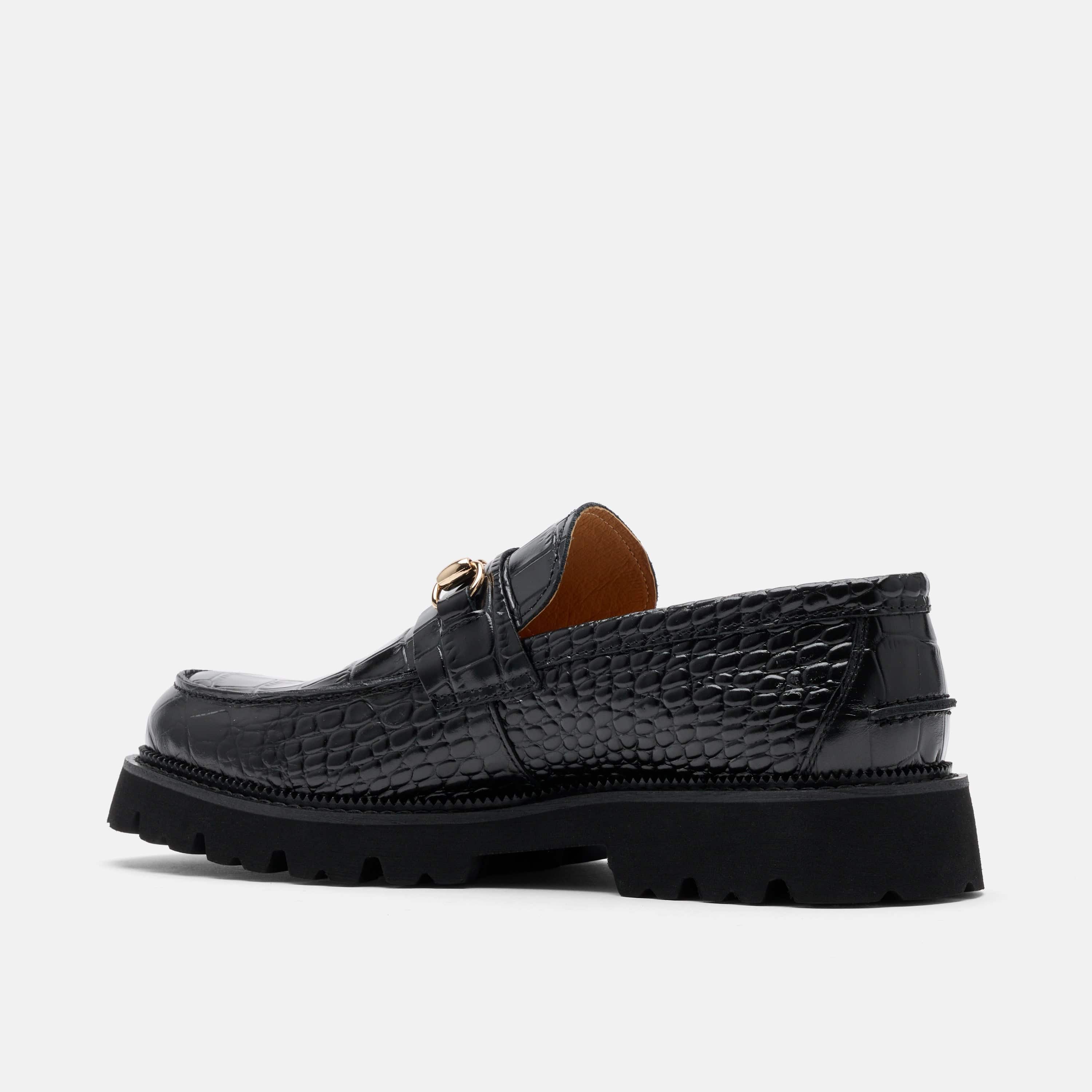 Blake Black Croc Leather Lug Bit Loafers