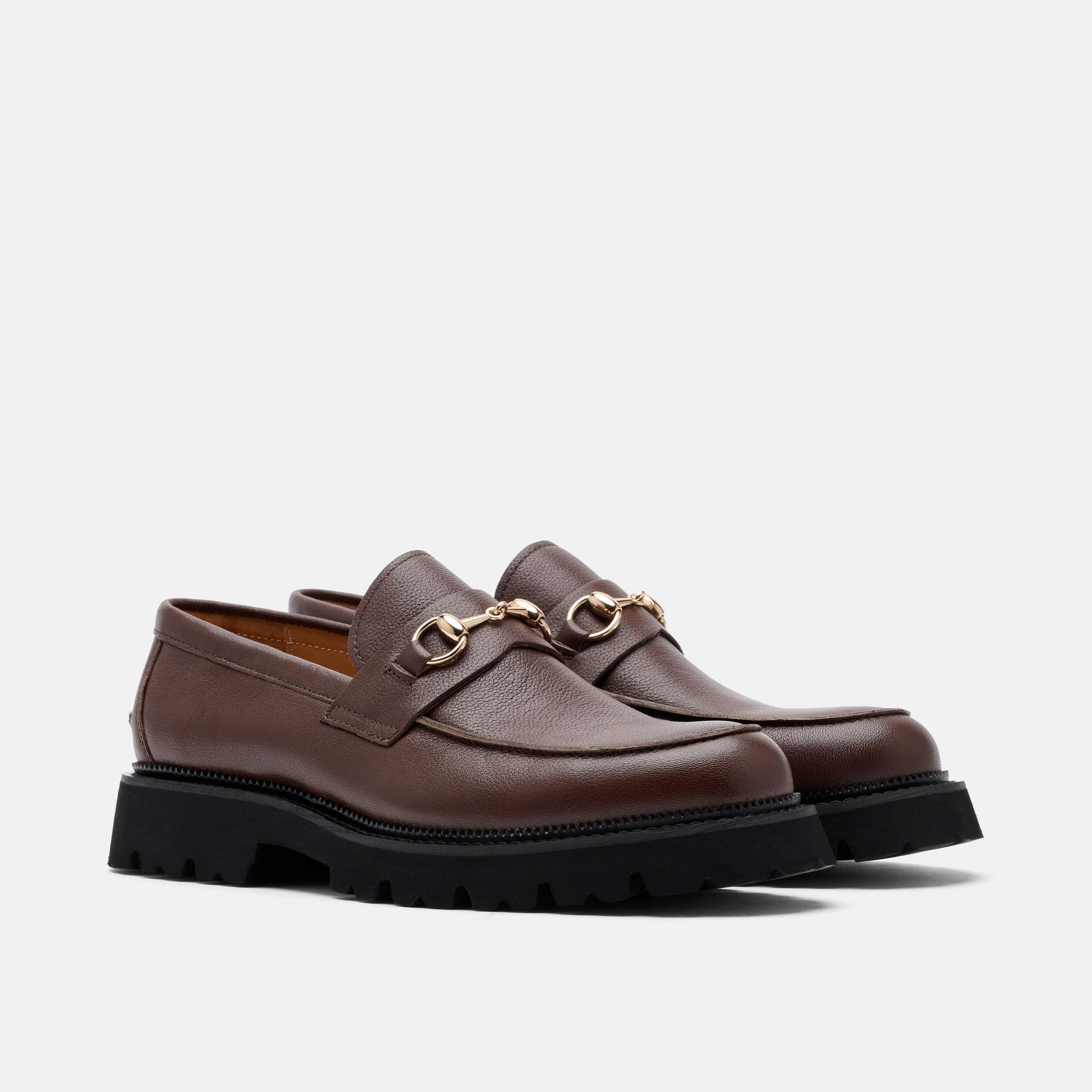 Blake Chocolate Pebble Leather Lug Bit Loafers