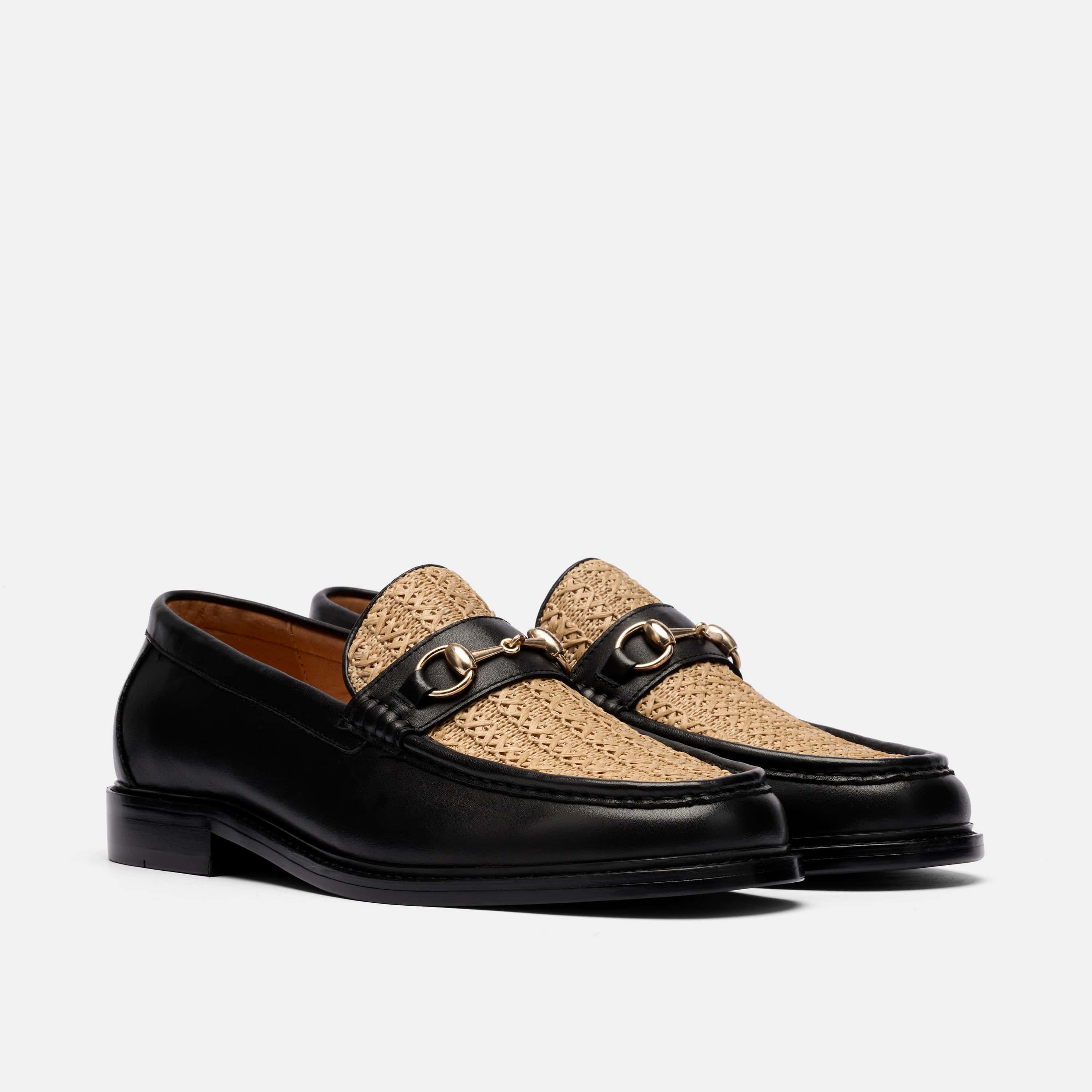 Boardwalk Black/Raffia Leather Horse-Bit Loafers