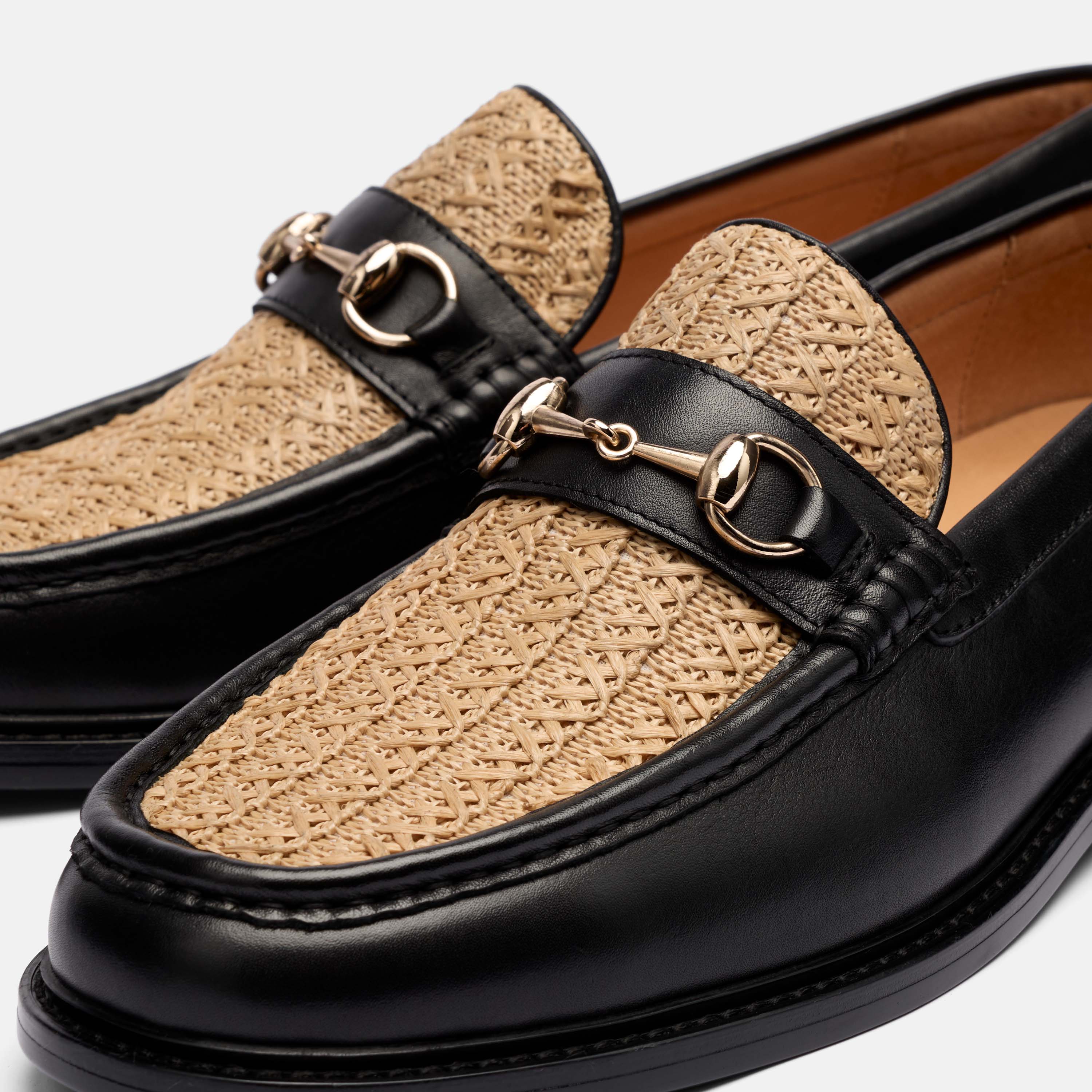 Boardwalk Black/Raffia Leather Horse-Bit Loafers