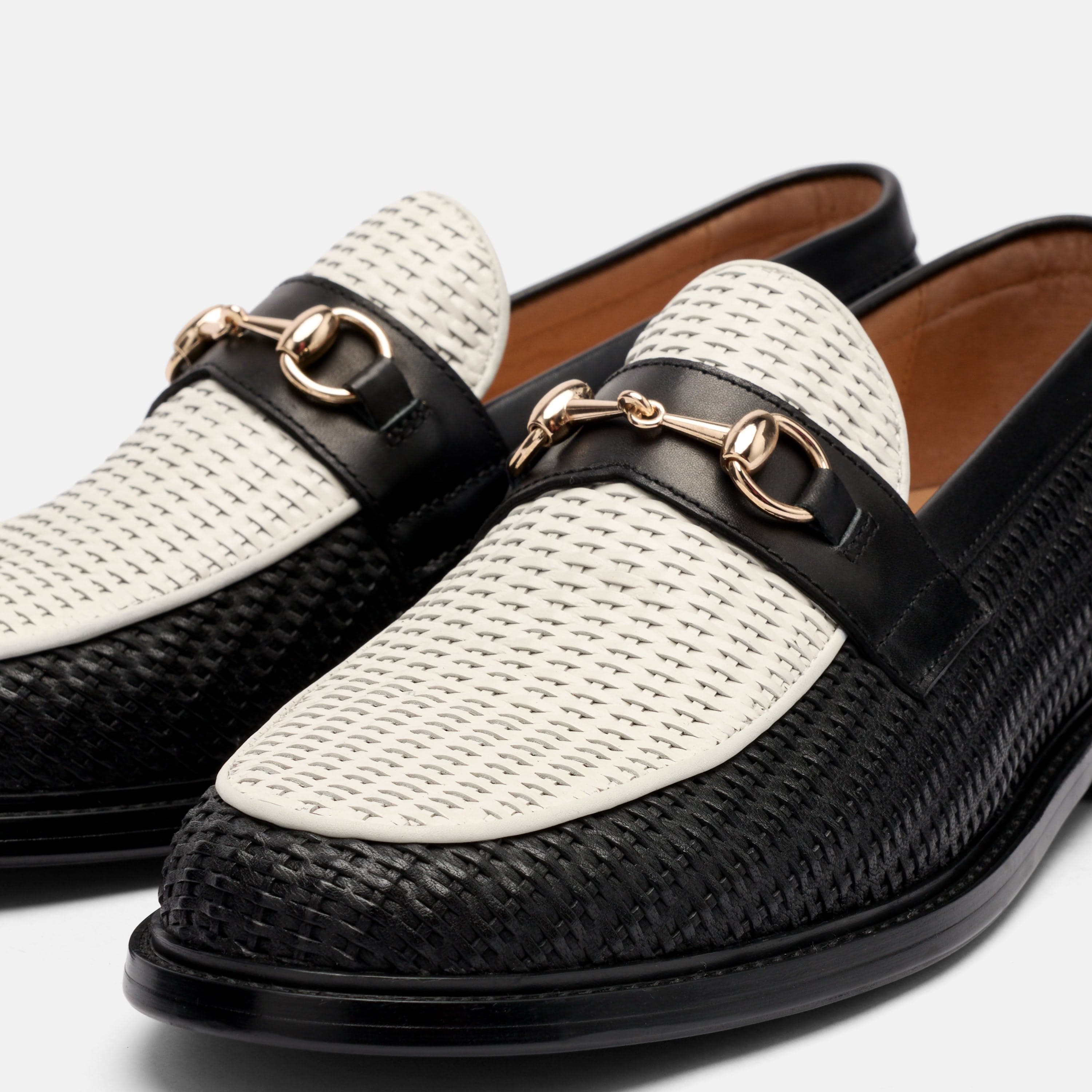 Boardwalk Black/White Woven Leather Horse-Bit Loafers