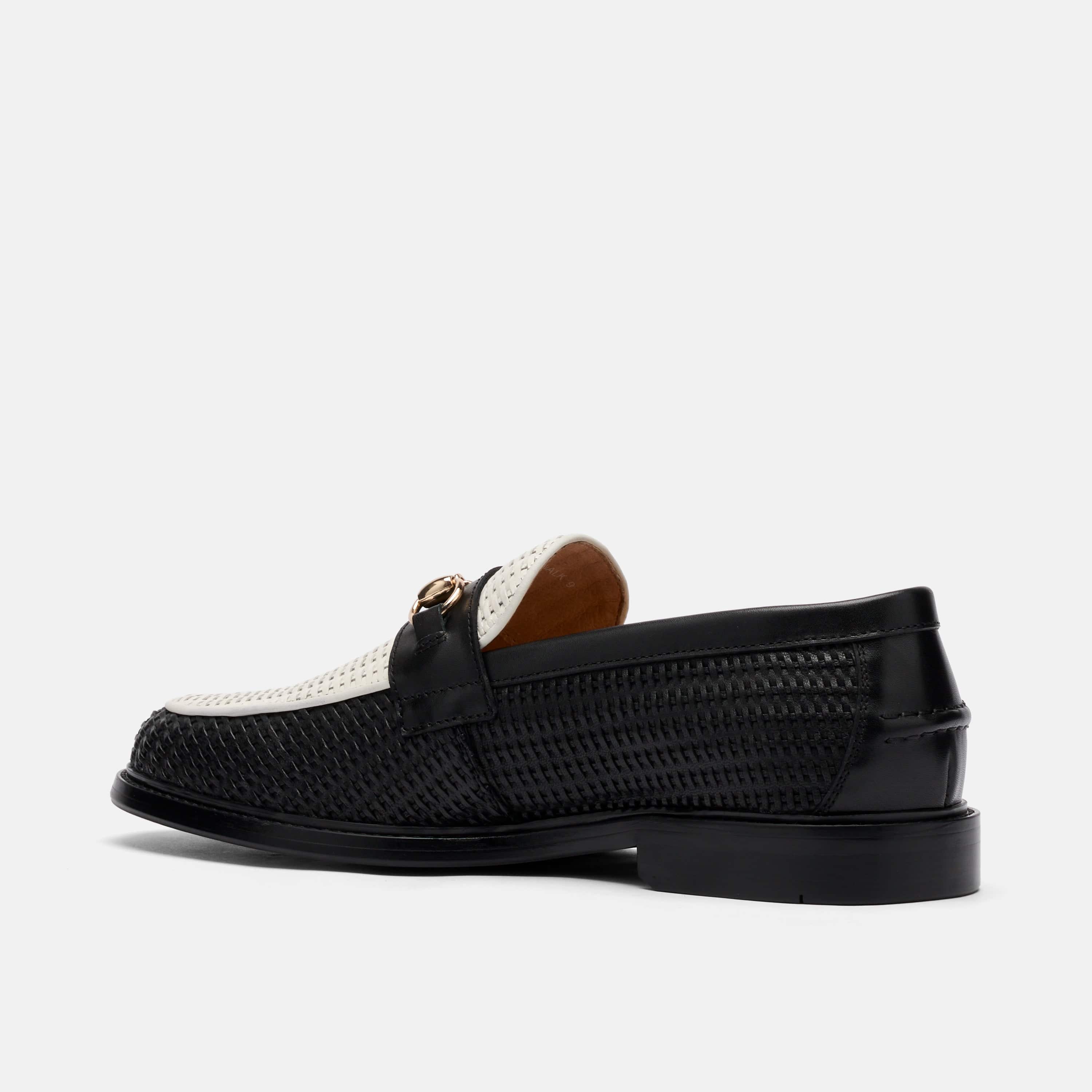 Boardwalk Black/White Woven Leather Horse-Bit Loafers