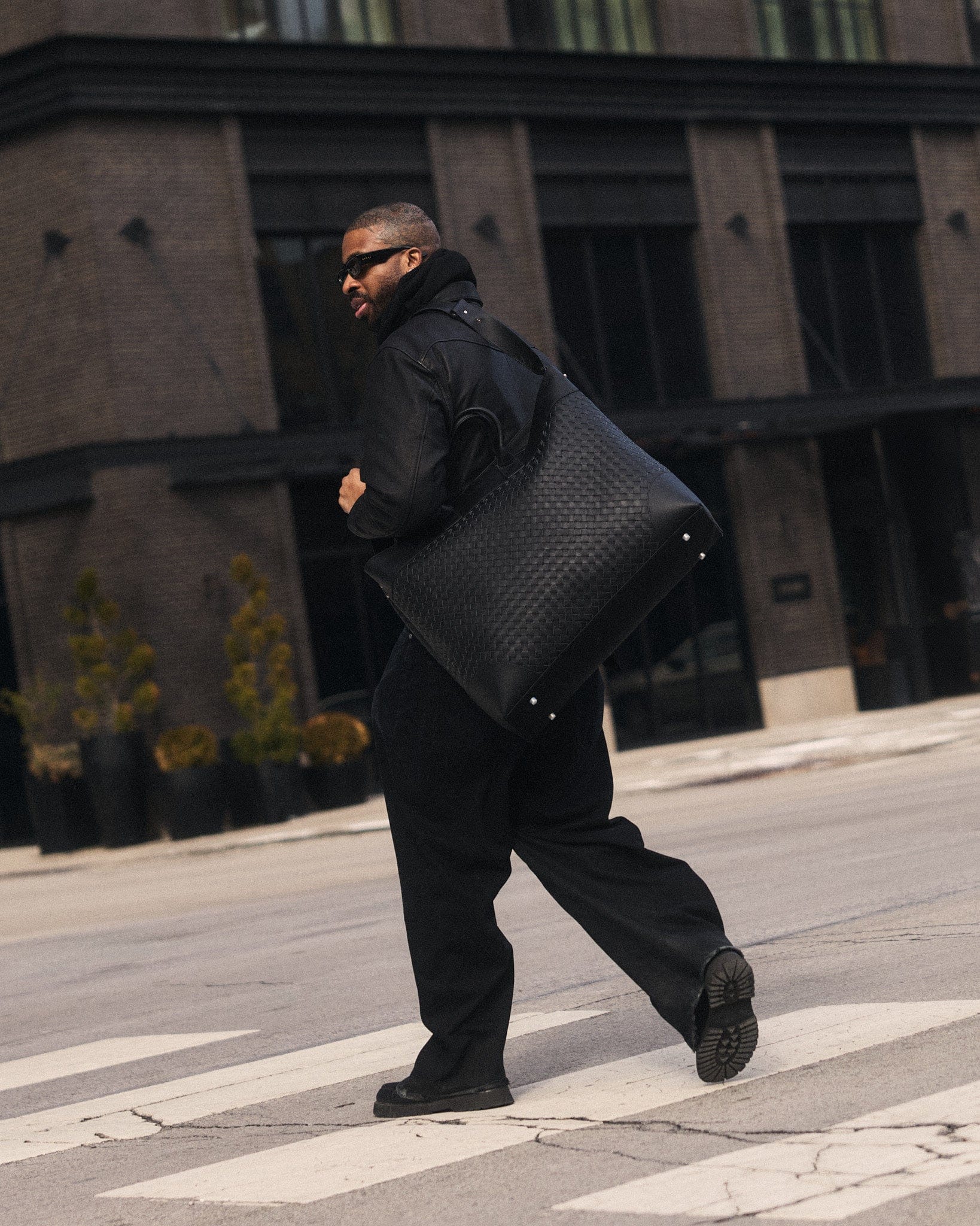 Marc Nolan Large Woven Leather Weekender - Black