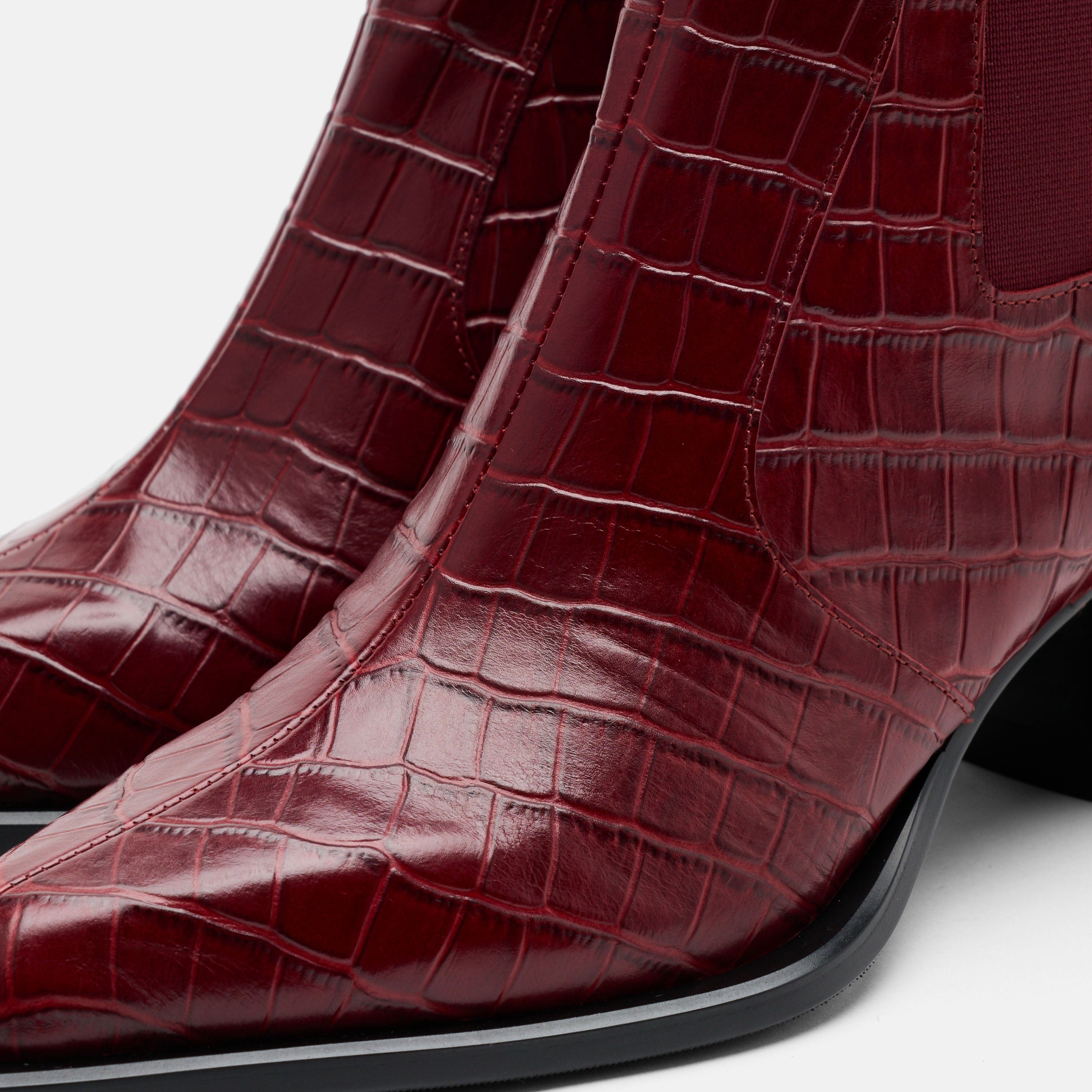 Harper Burgundy Croc Leather Square Toe Chelsea Boots