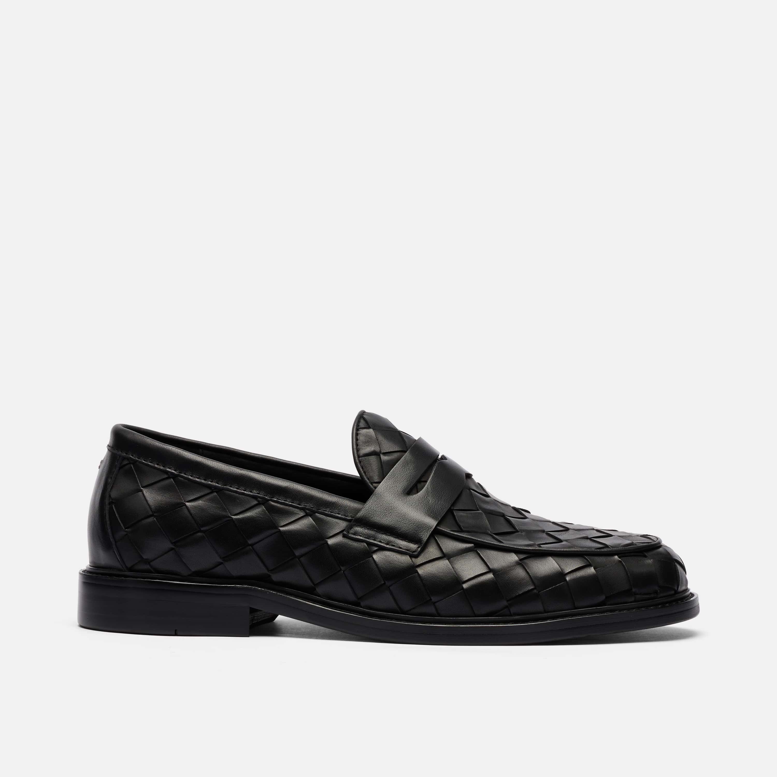 Calum Black Woven Leather Penny Loafers