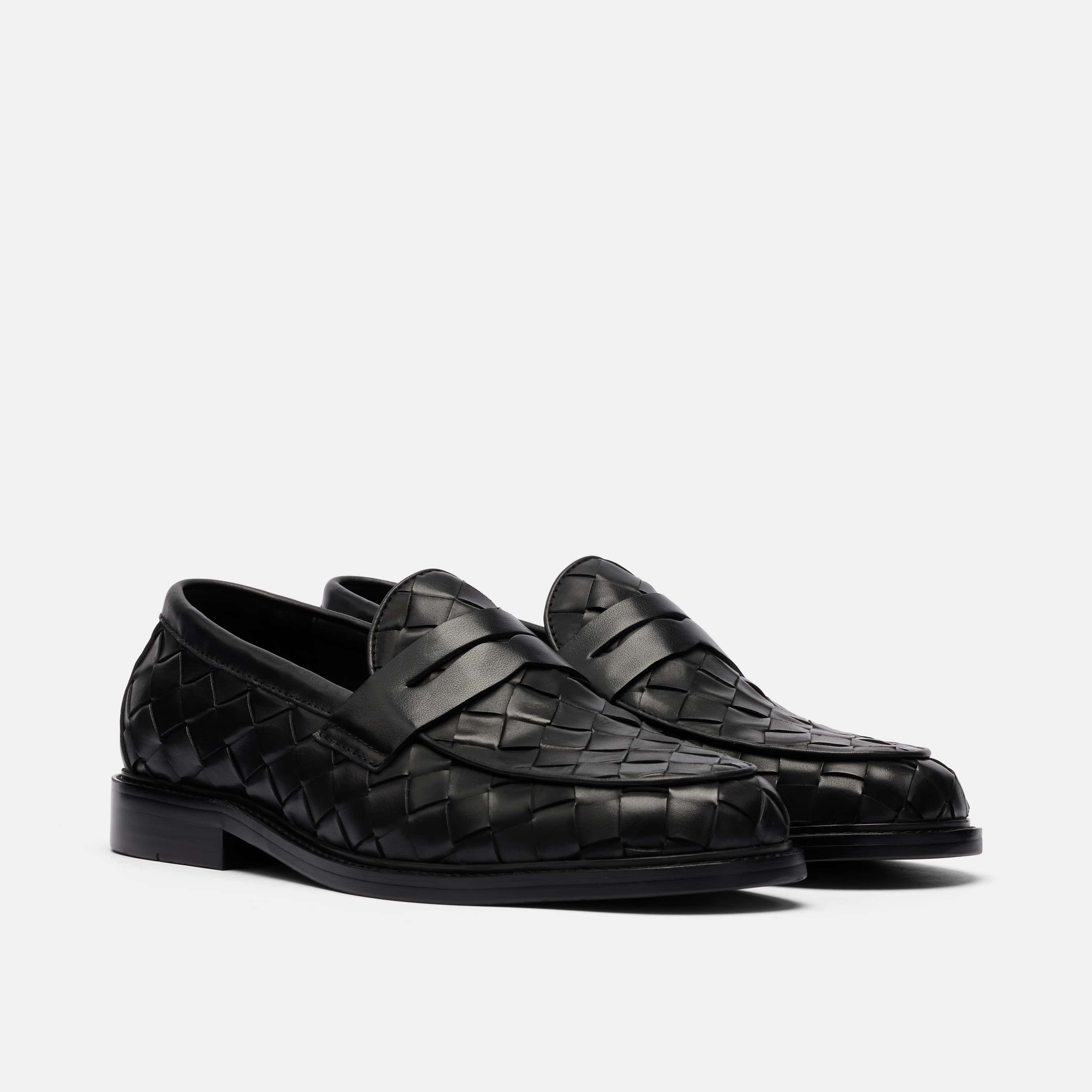 Calum Black Woven Leather Penny Loafers