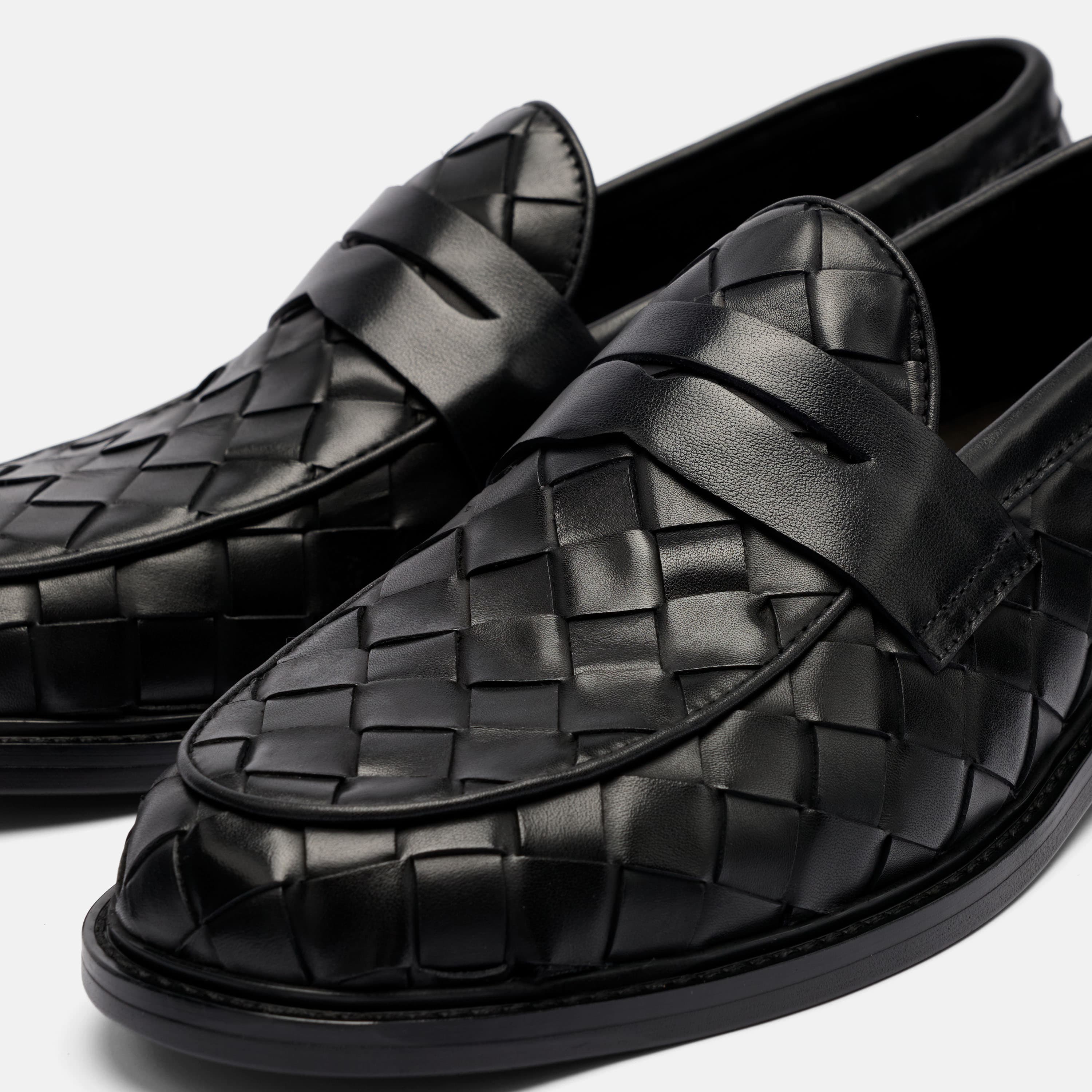 Calum Black Woven Leather Penny Loafers