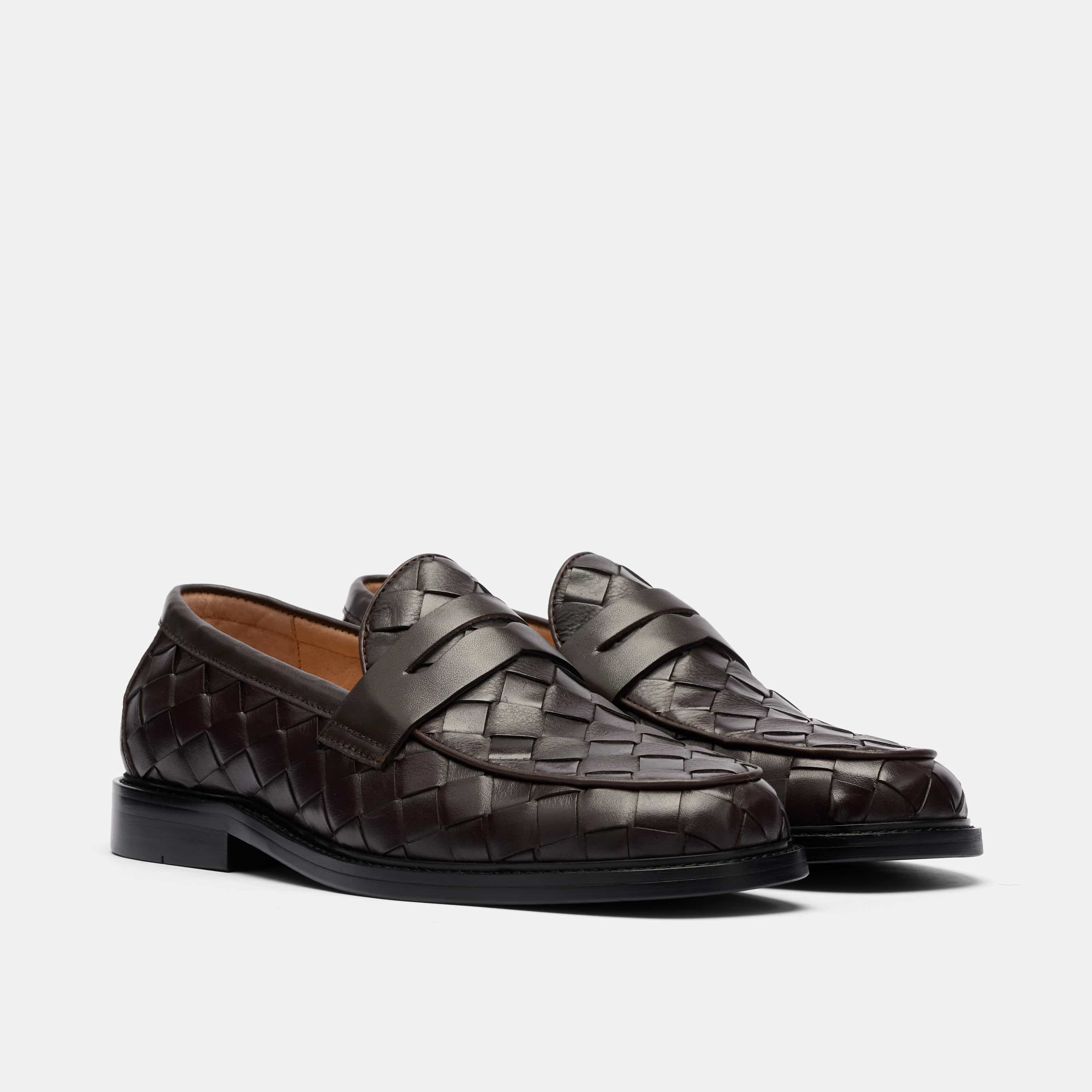 Calum Espresso Woven Leather Penny Loafers