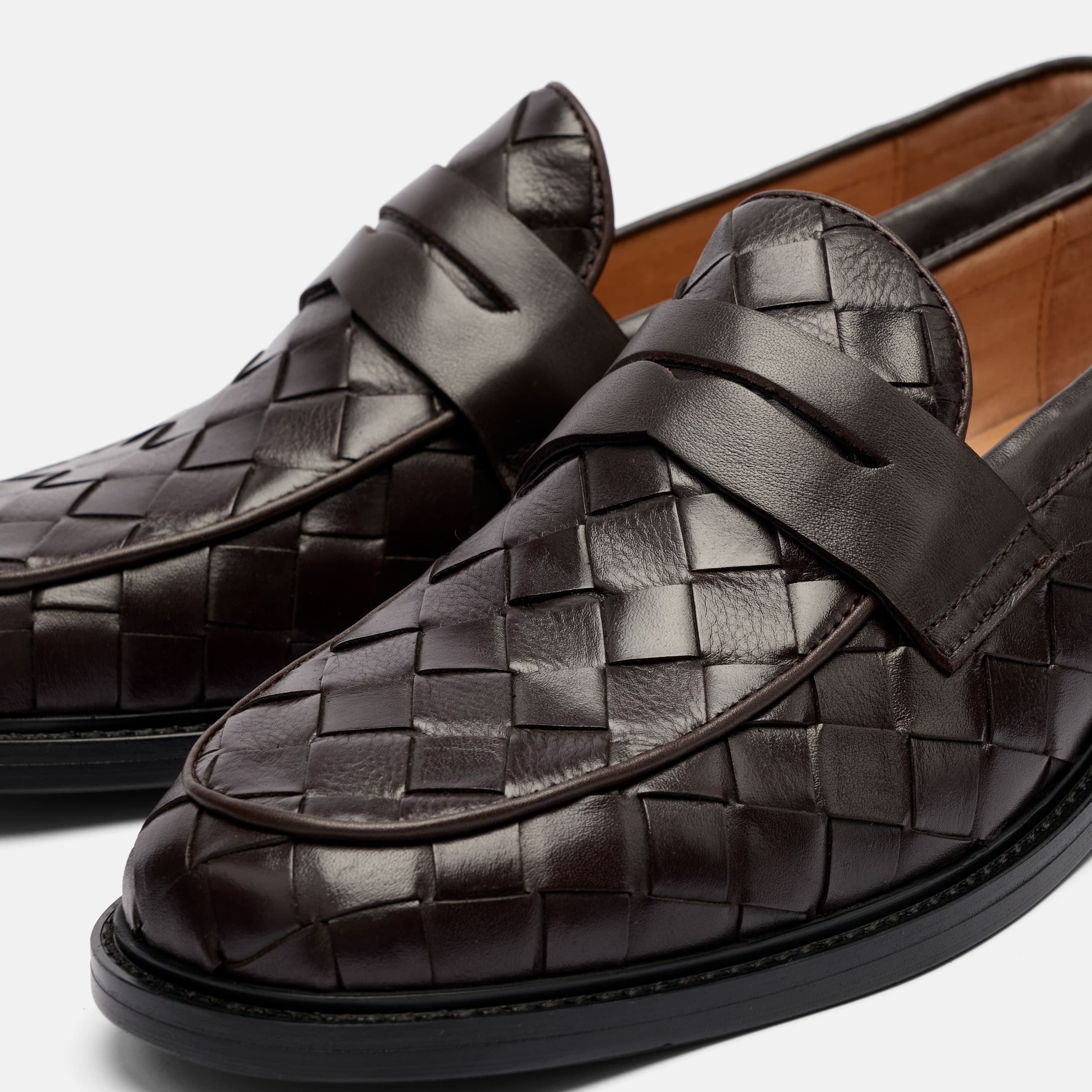 Calum Espresso Woven Leather Penny Loafers