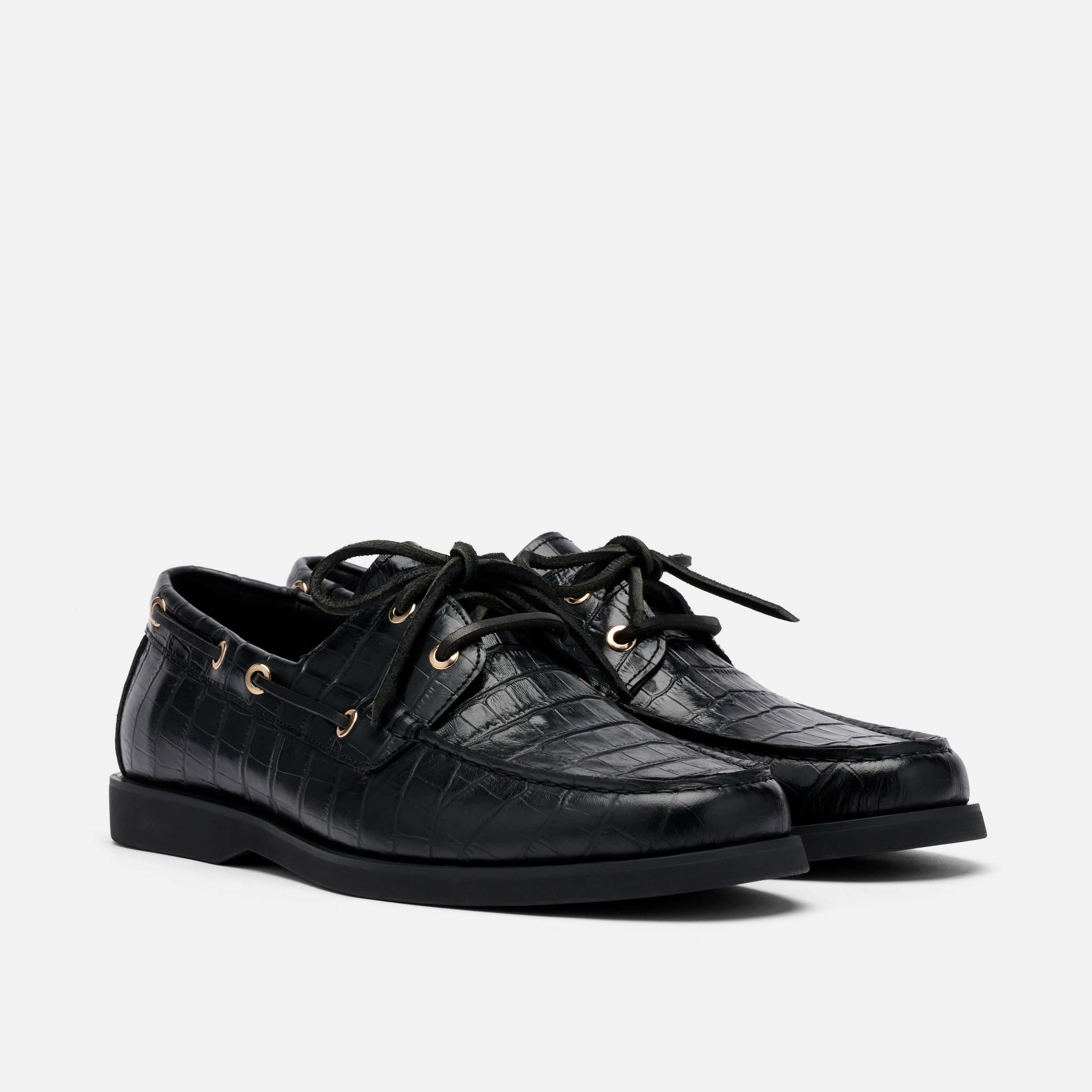 Capri Black Croc Leather Boat Shoes