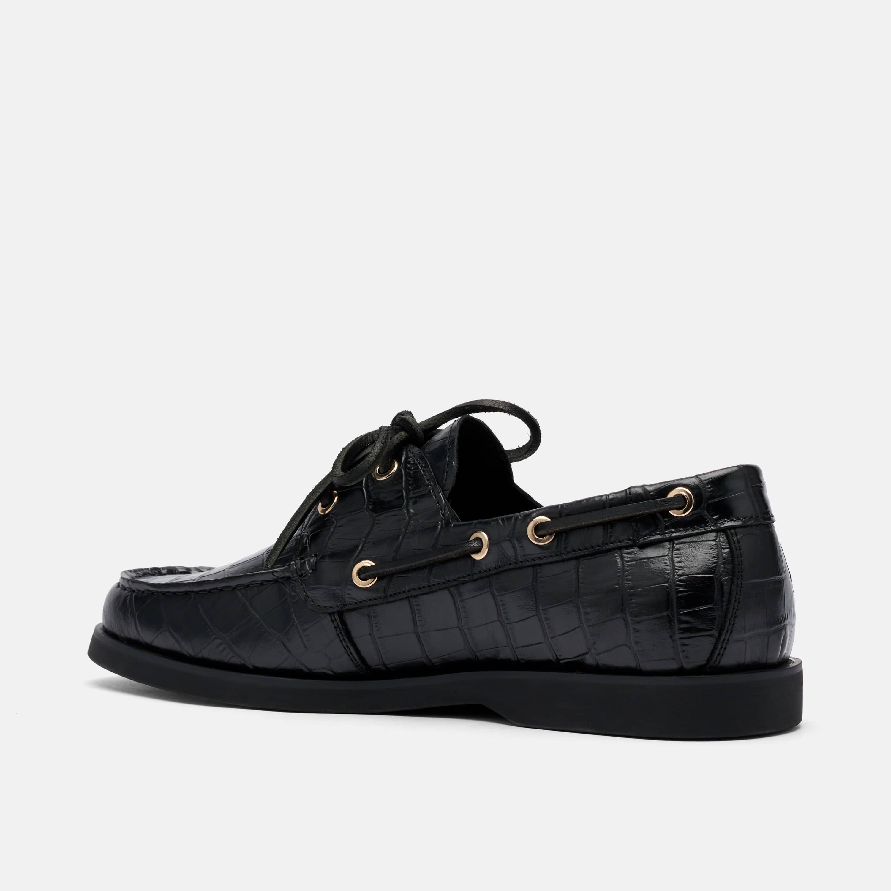 Capri Black Croc Leather Boat Shoes