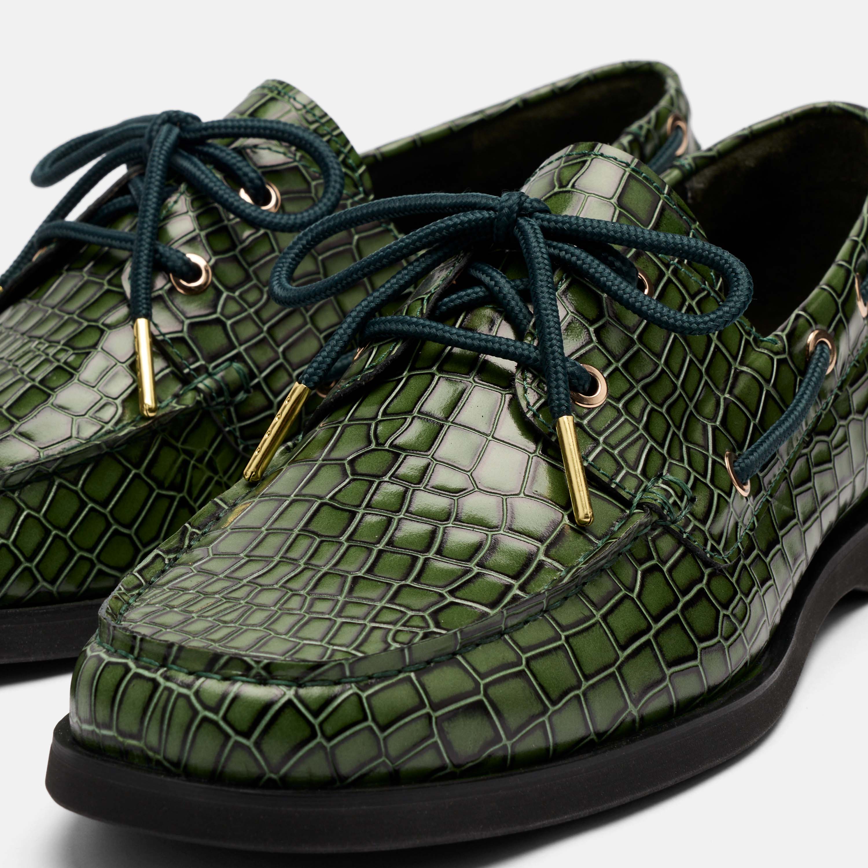 Capri Green Croc Leather Boat Shoes