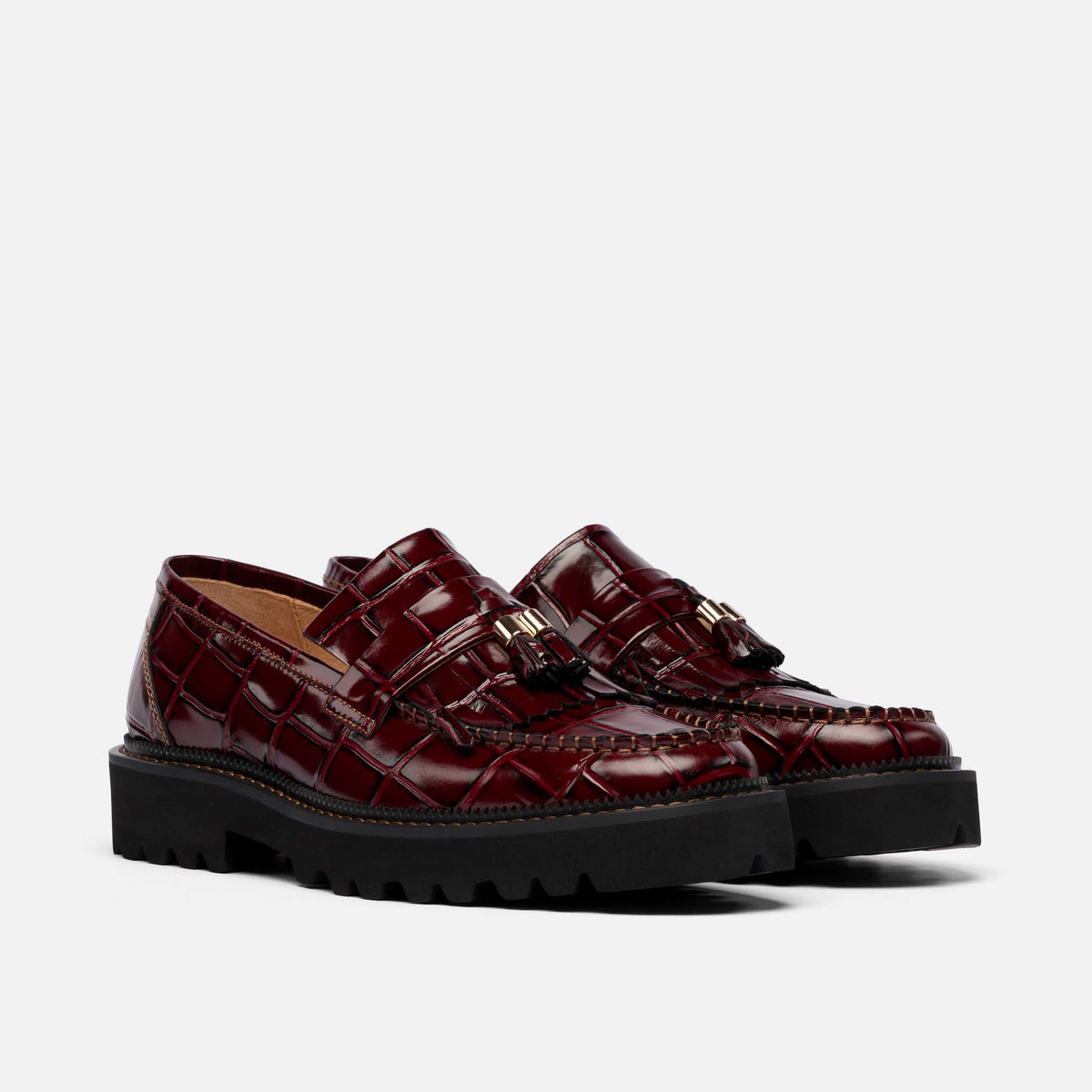 The Carlton Burgundy Croc Leather Lug Tassel Loafer