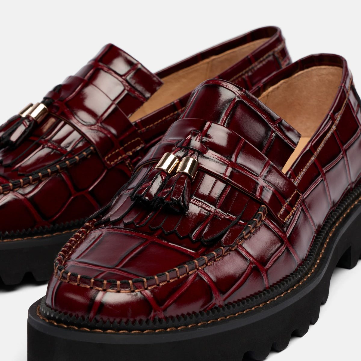 The Carlton Burgundy Croc Leather Lug Tassel Loafer