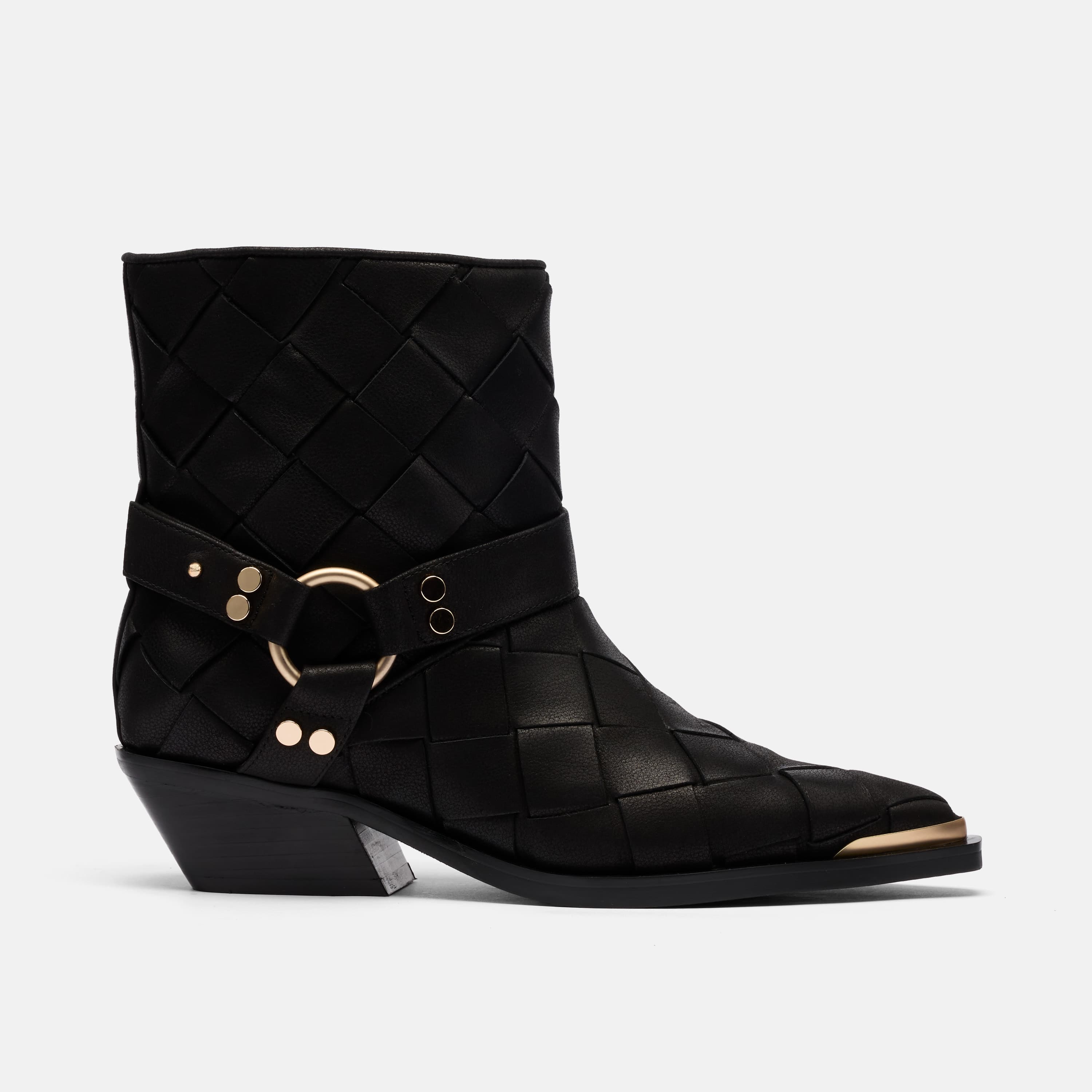 Cassidy Black Woven Leather Harness Ankle Boot