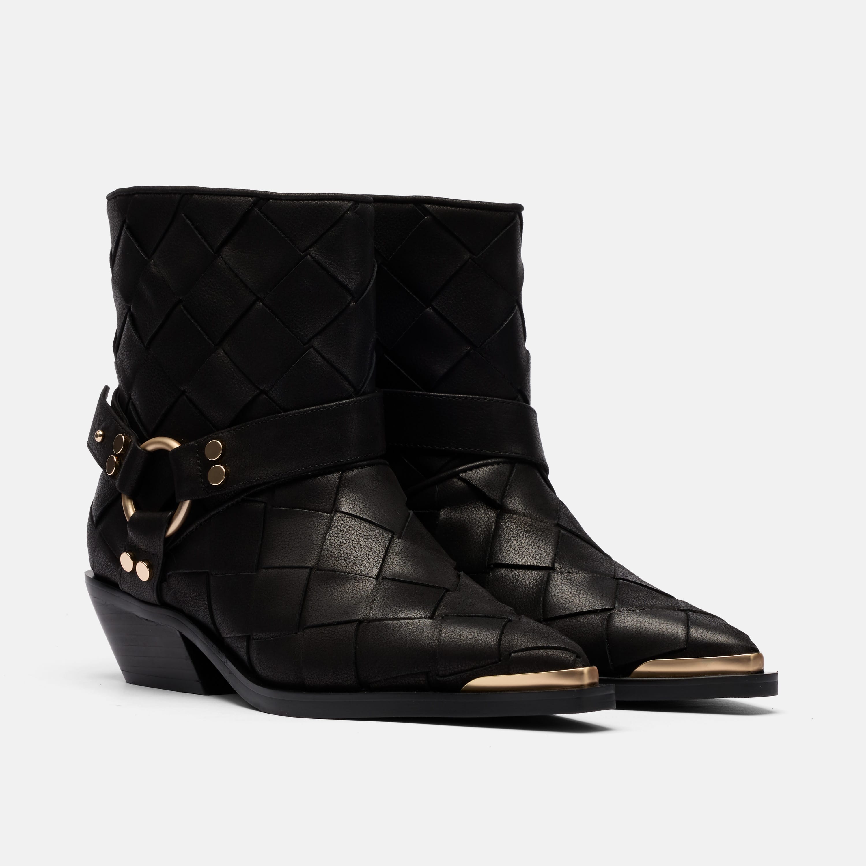 Cassidy Black Woven Leather Harness Ankle Boot