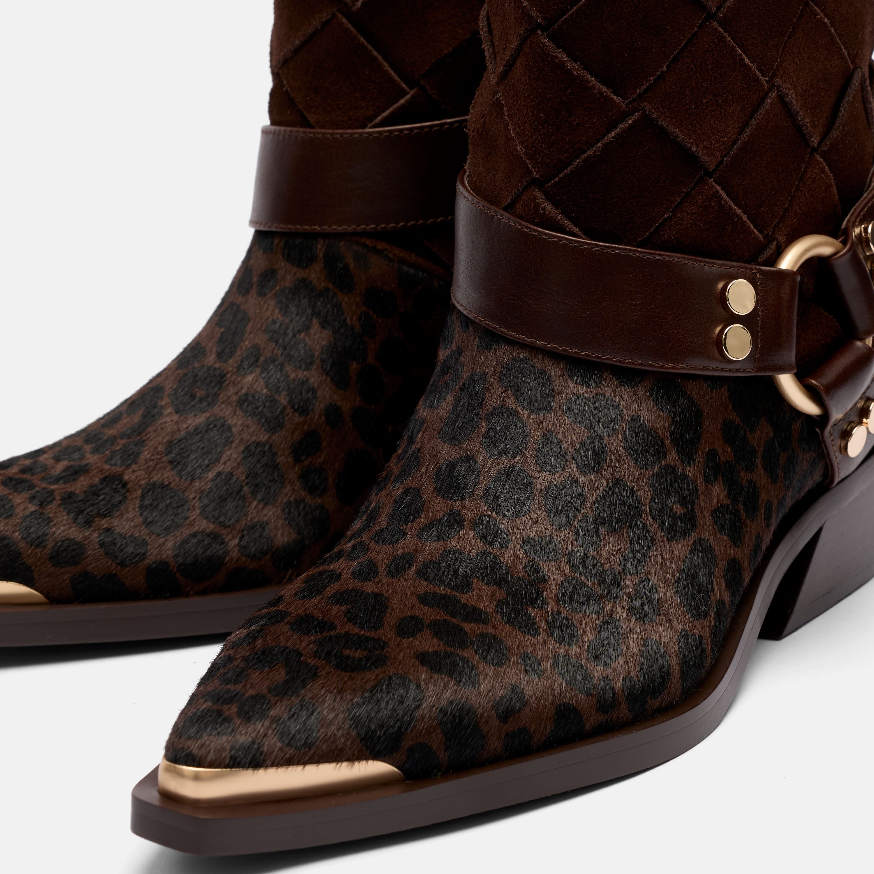 Cassidy Brown Woven / Leopard Harness Ankle Boot