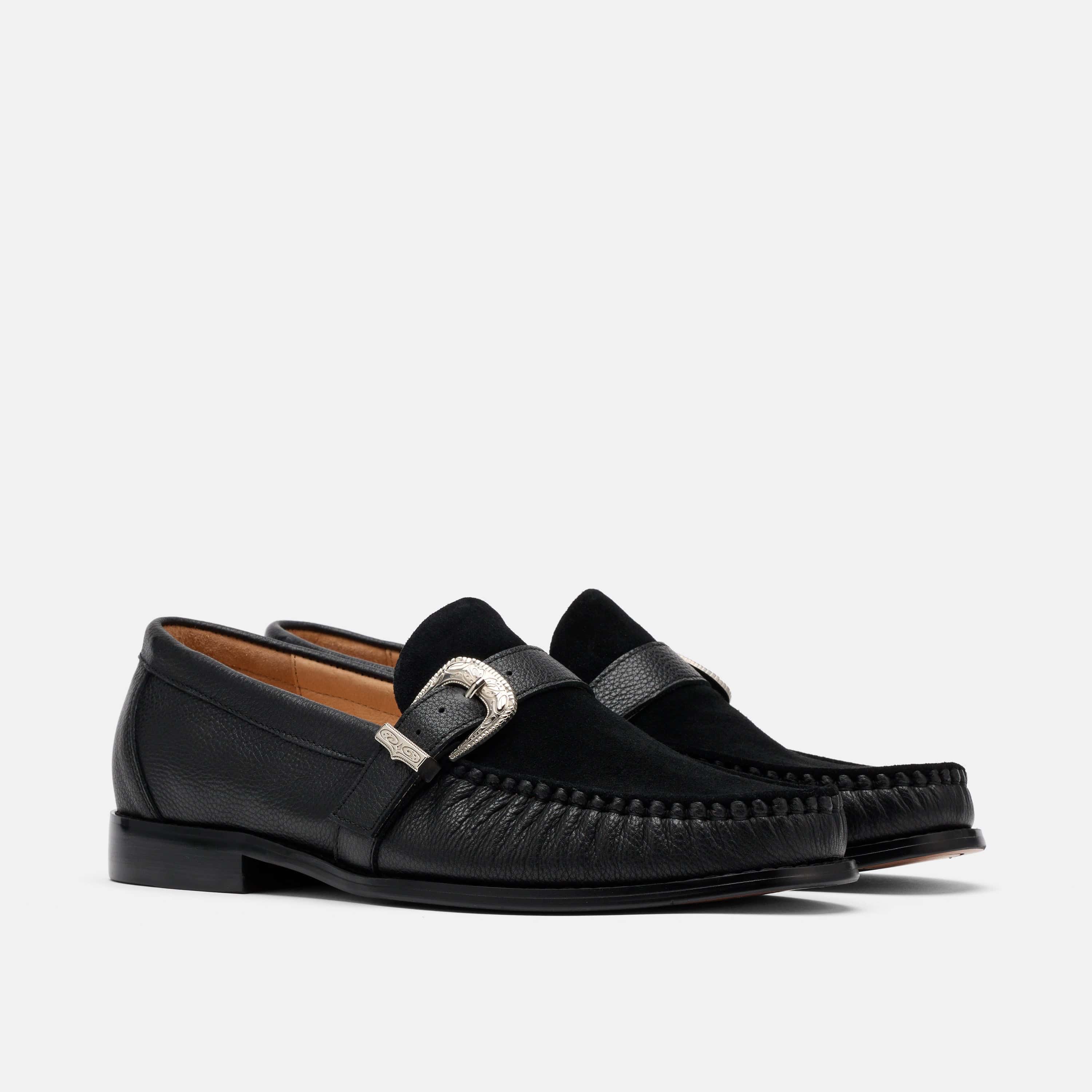 Cato Black Leather Buckle Loafers