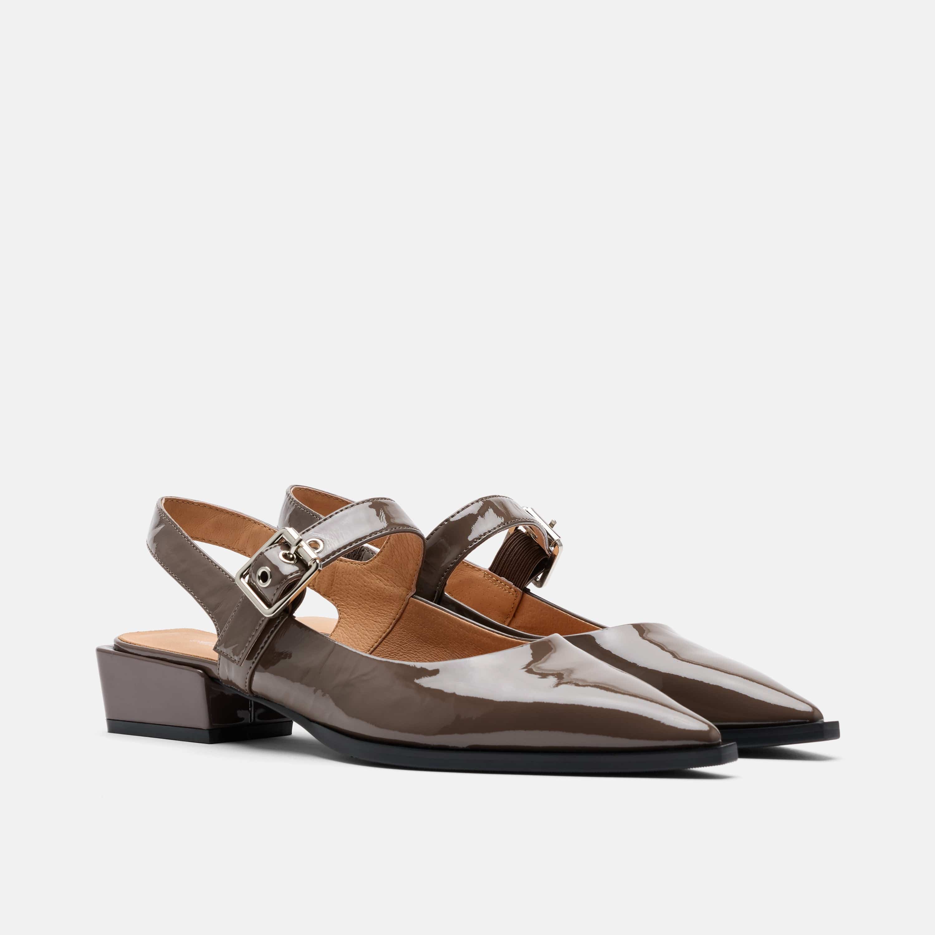 Chelsea Taupe Patent Leather Slingback Block Heels