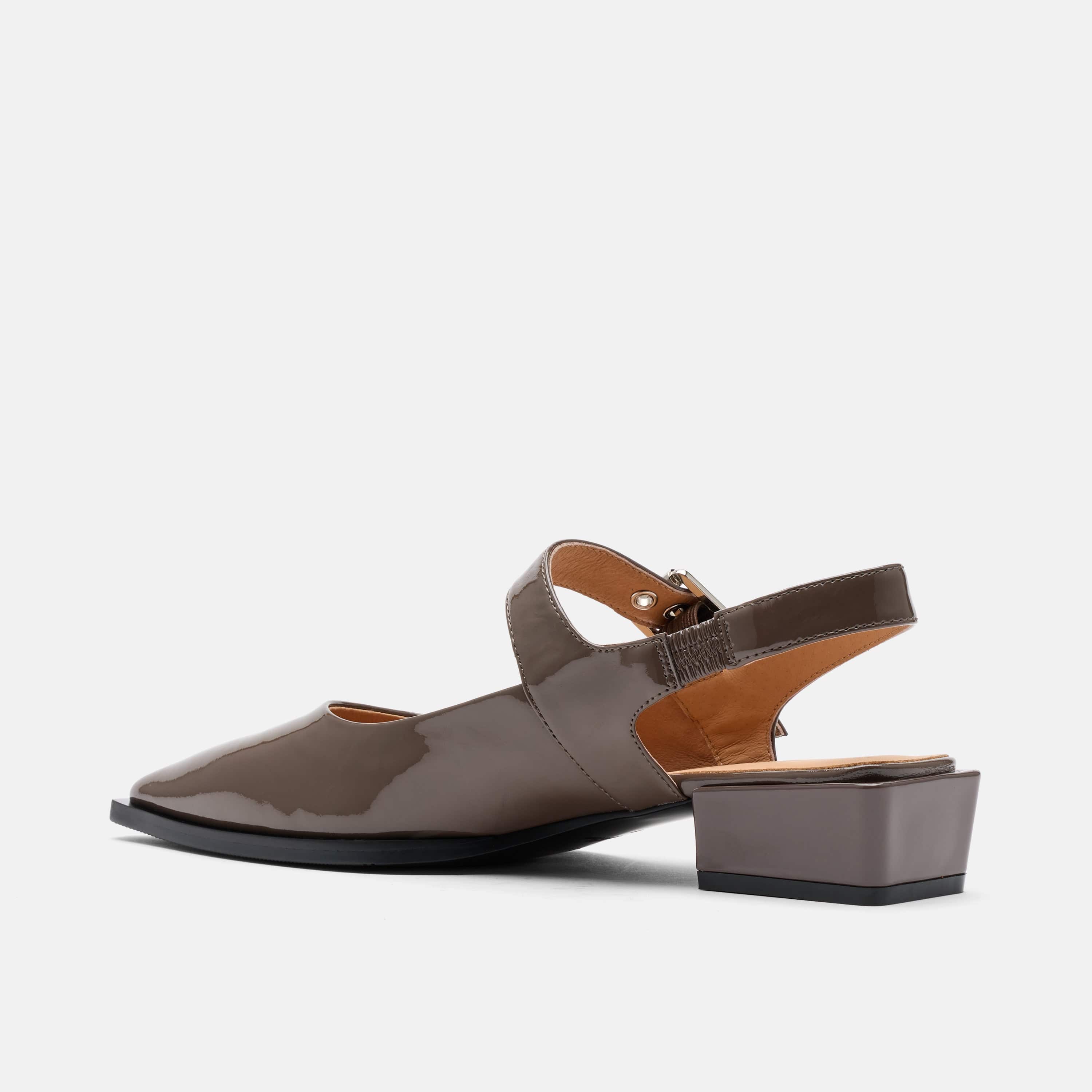 Chelsea Taupe Patent Leather Slingback Block Heels