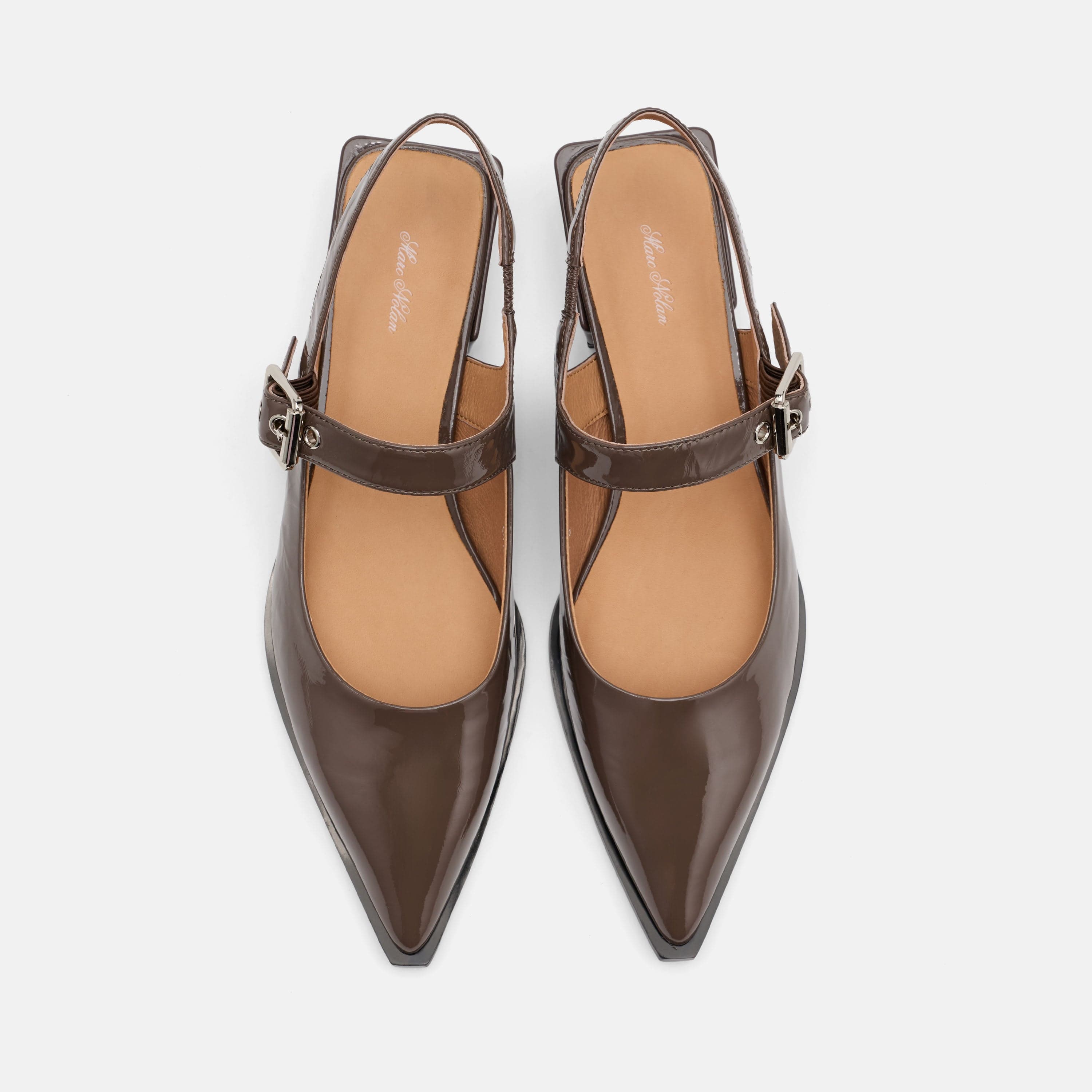 Chelsea Taupe Patent Leather Slingback Block Heels