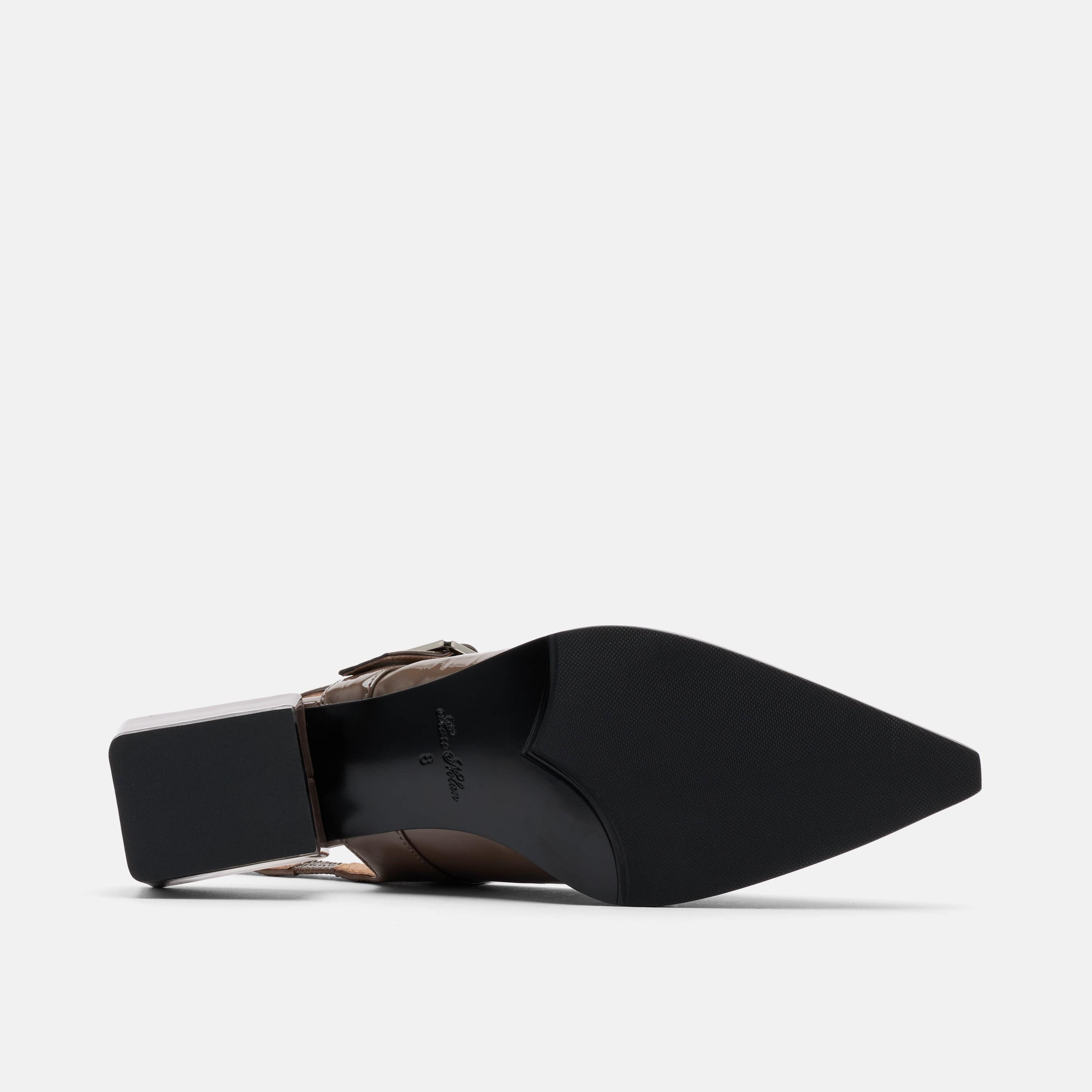 Chelsea Taupe Patent Leather Slingback Block Heels