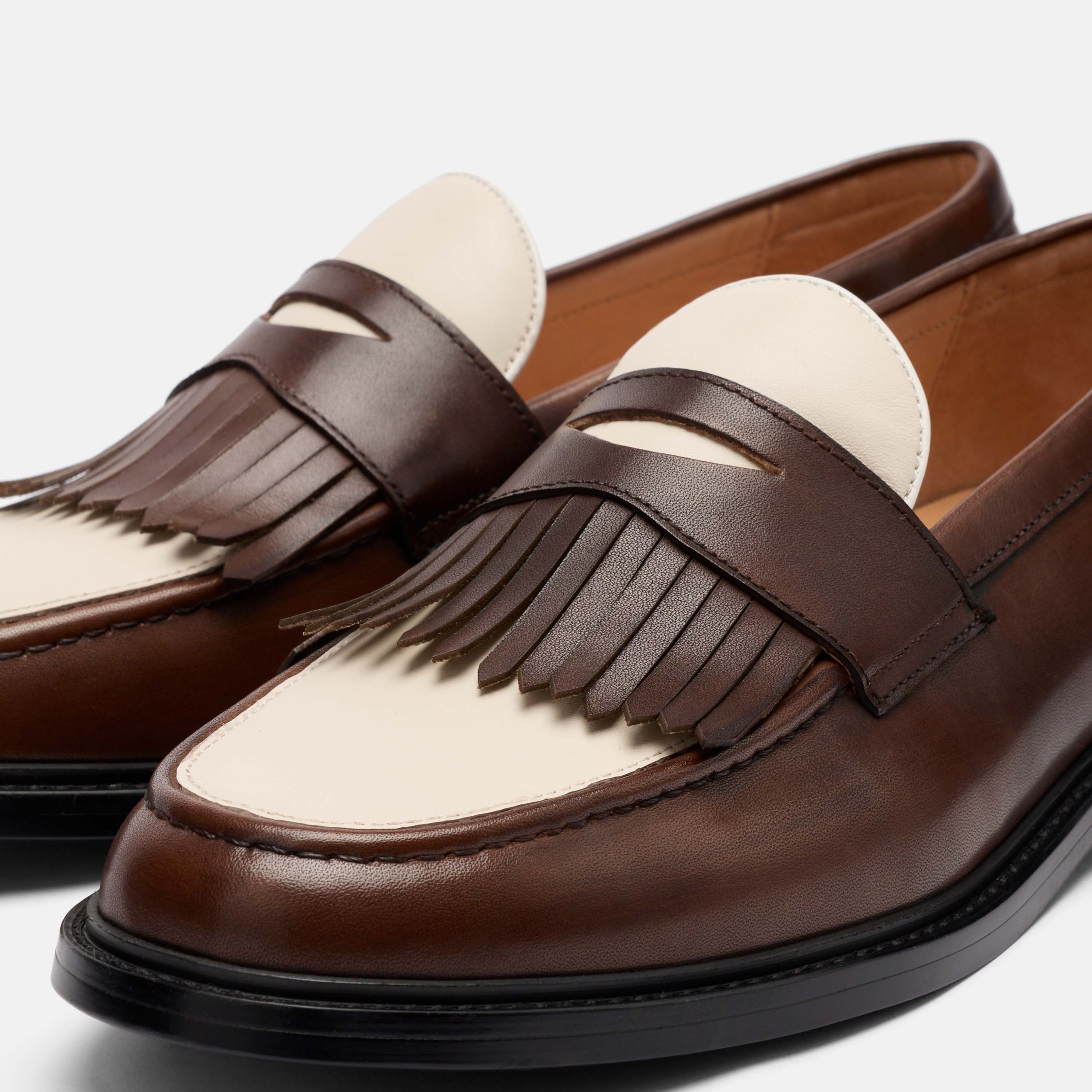 Clint Brown/White Leather Kiltie Loafers
