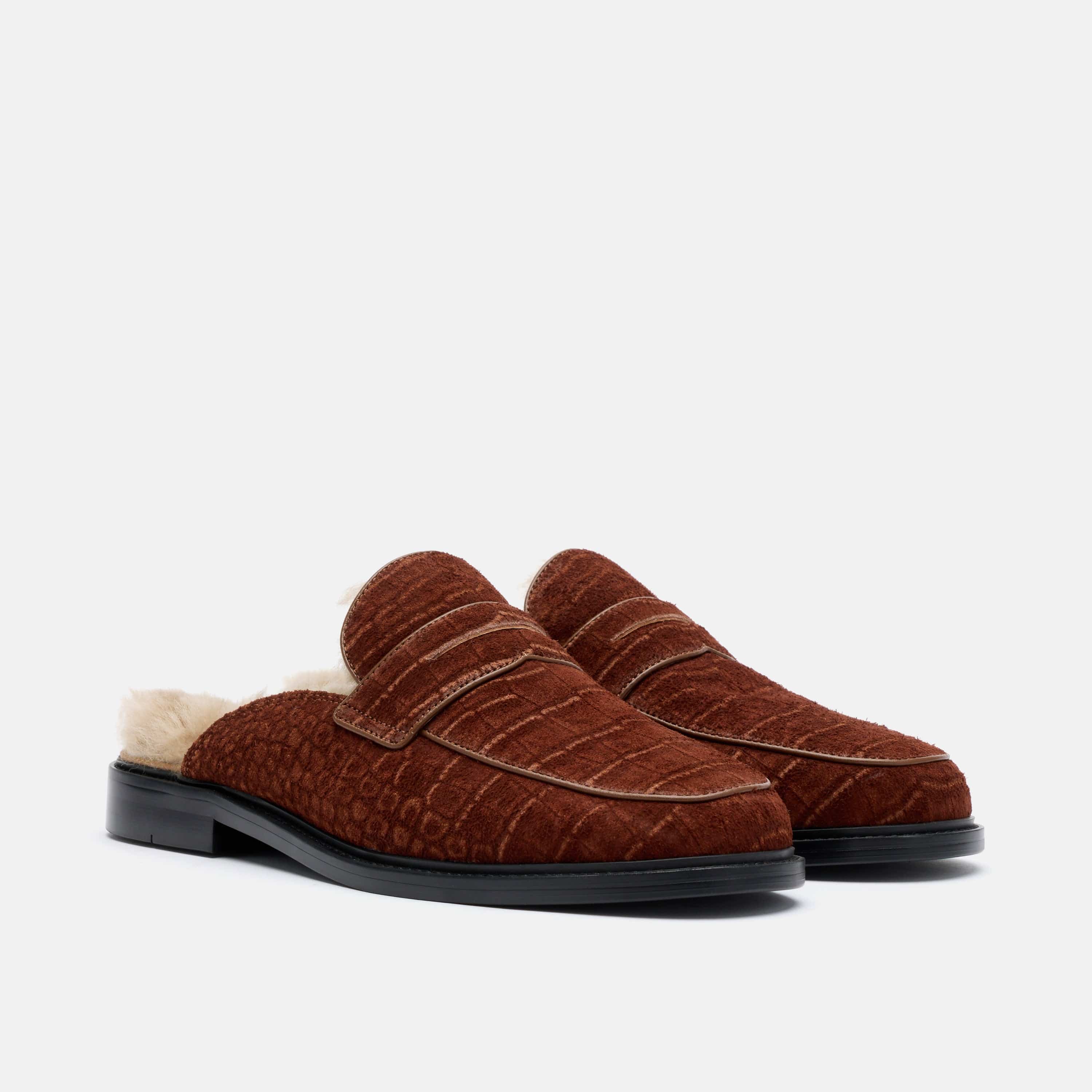 Del Mar Brown Croc Suede Loafer Mules