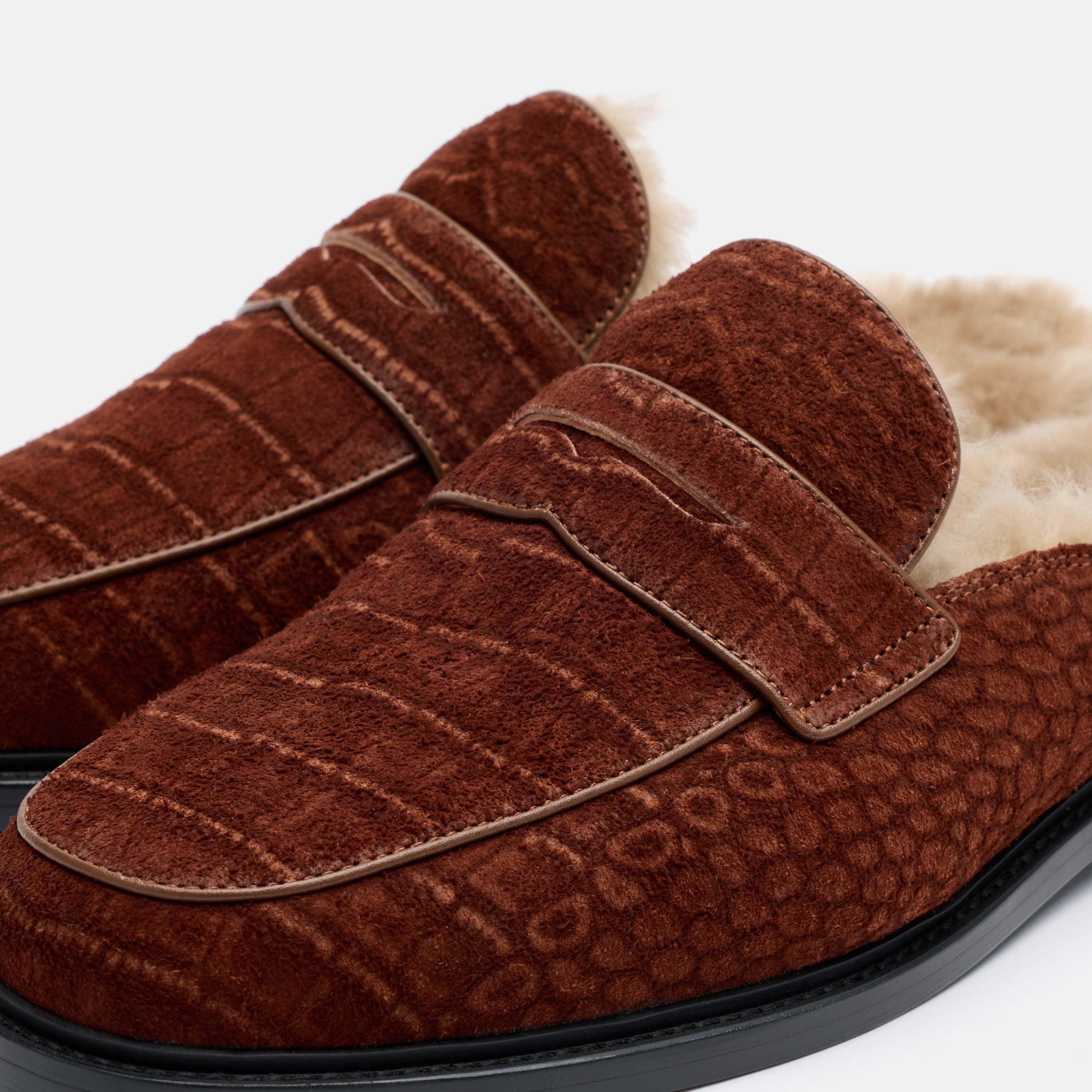 Del Mar Brown Croc Suede Loafer Mules