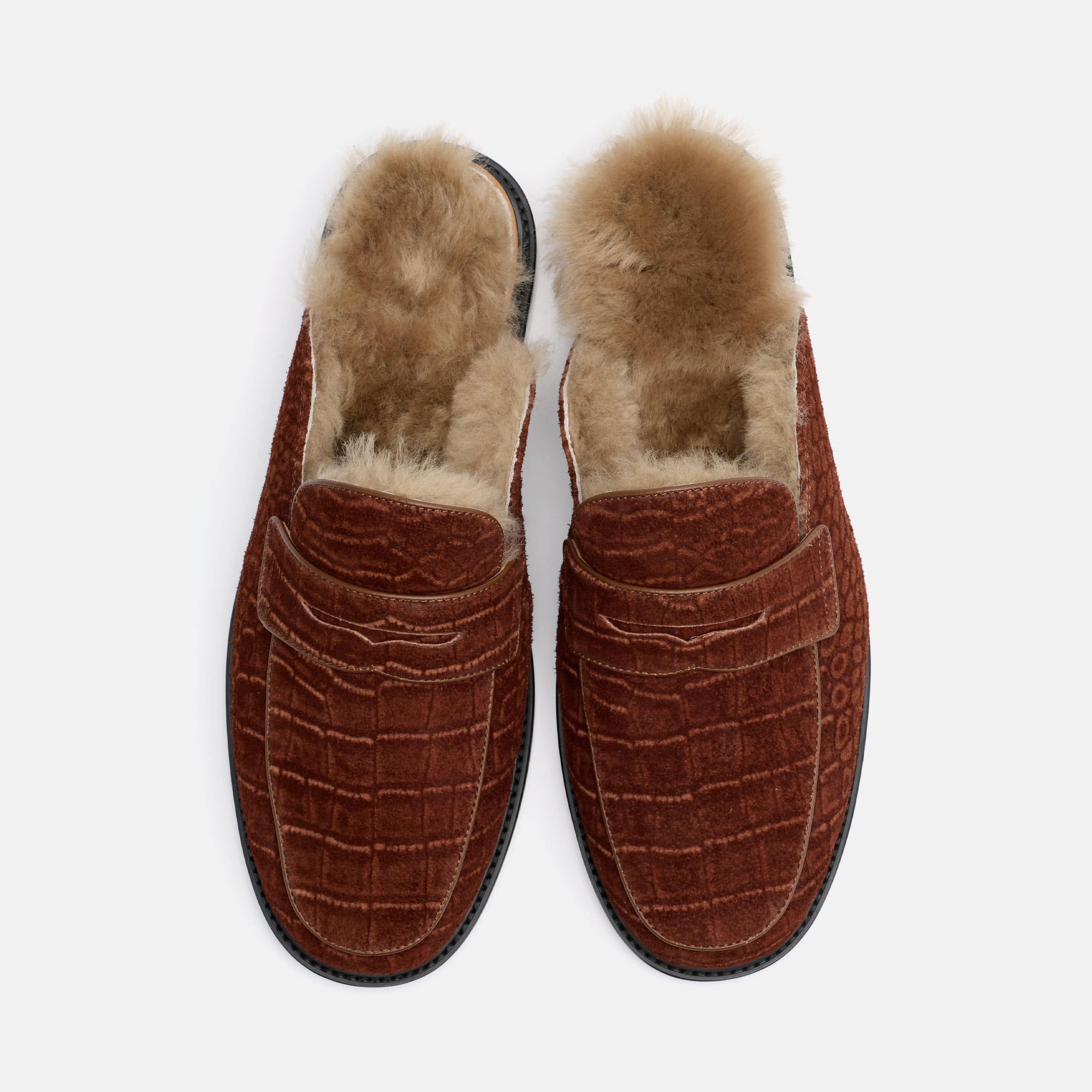 Del Mar Brown Croc Suede Loafer Mules
