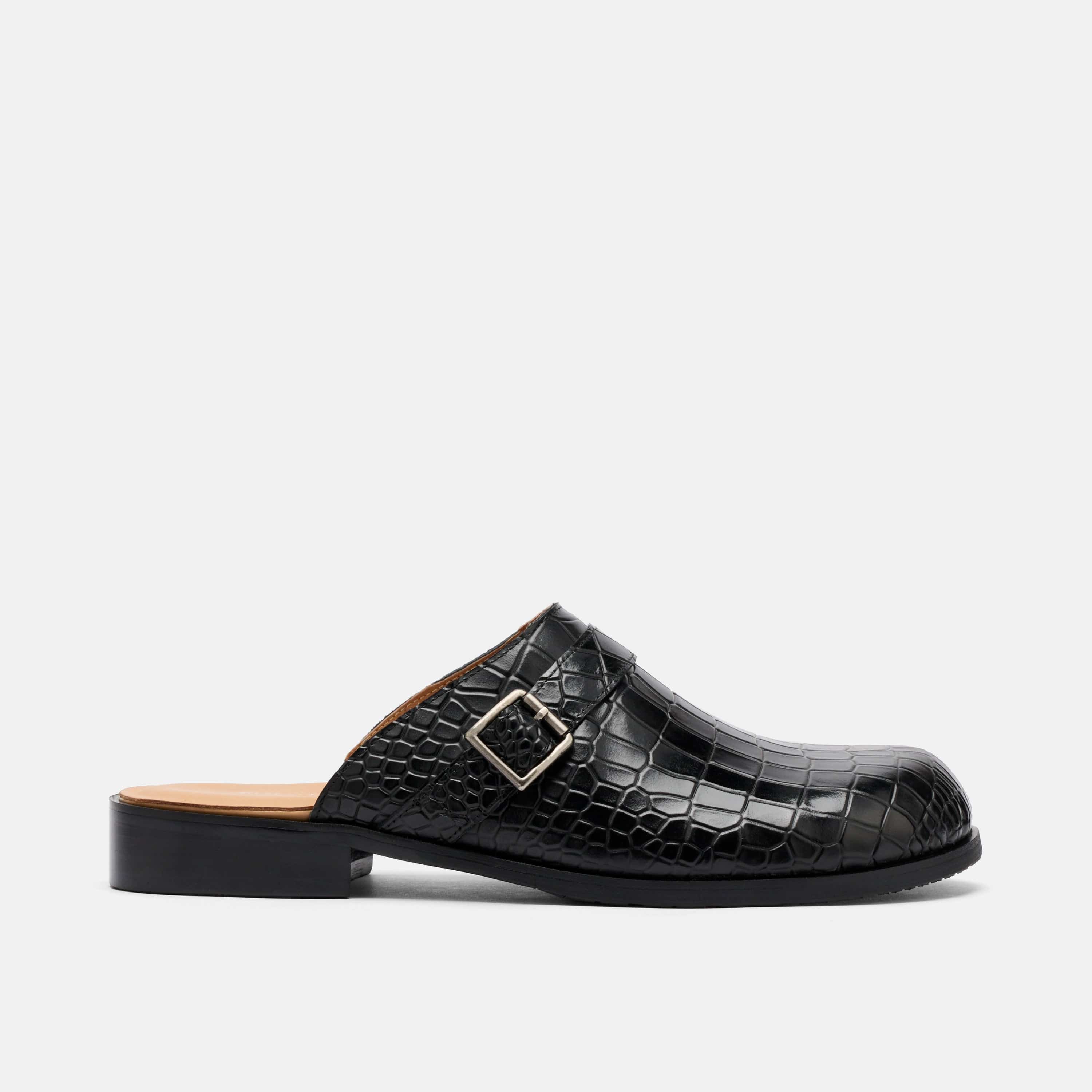 Diego Black Croc Leather Strap Mules