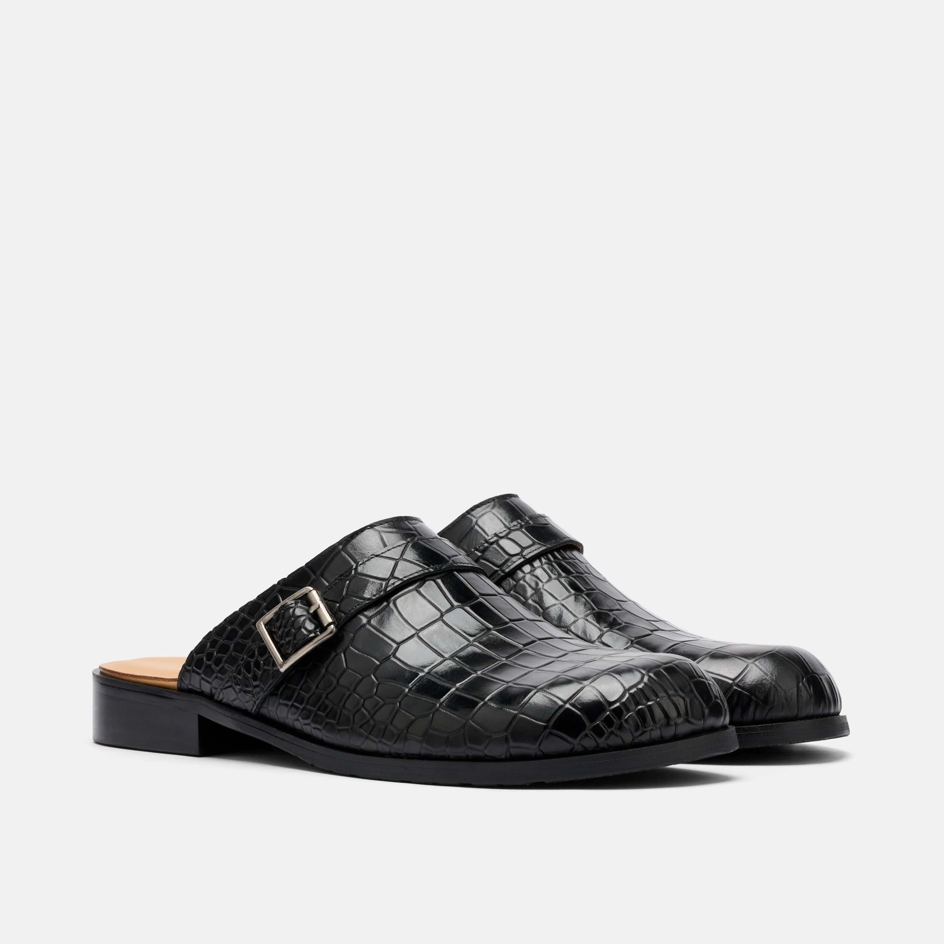 Diego Black Croc Leather Strap Mules