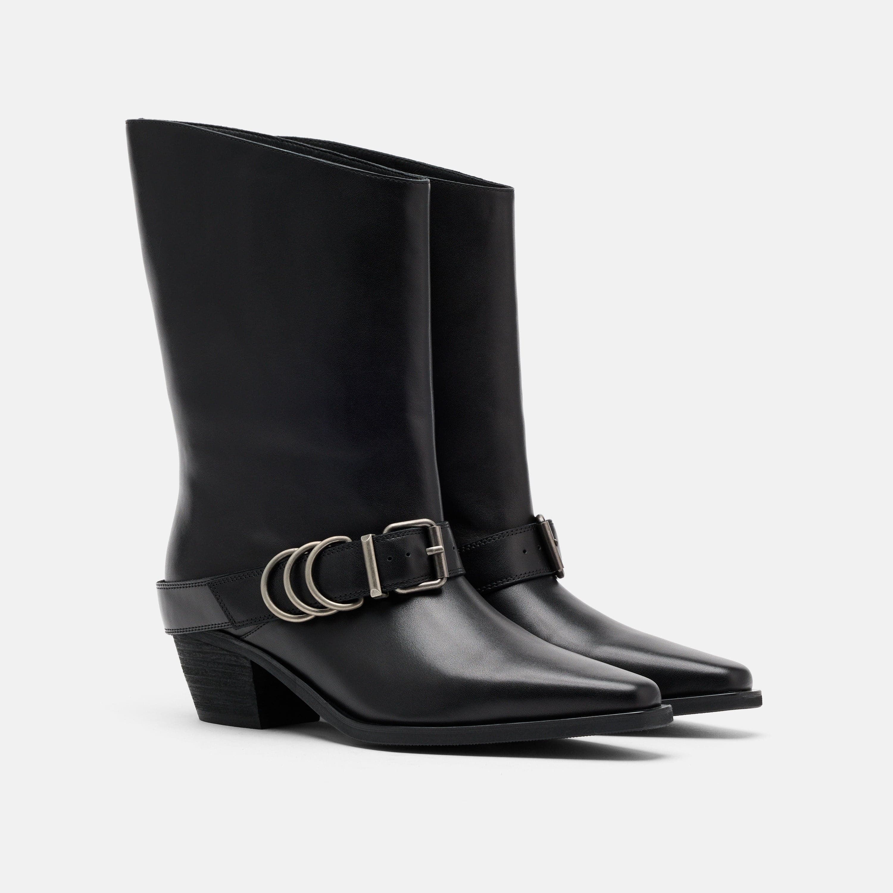 Donna Black Leather Moto Ankle Boots