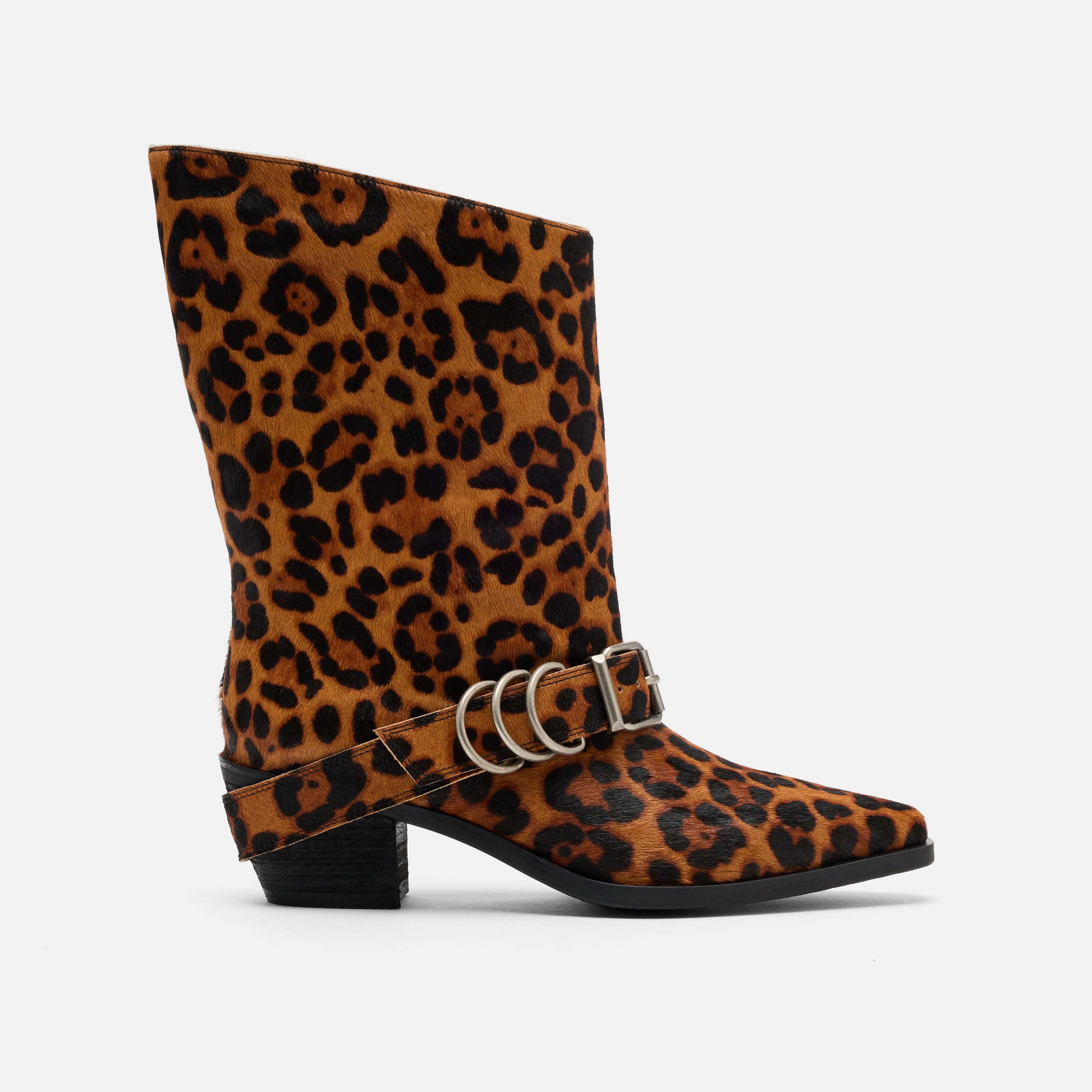 Donna Leopard Pony Hair Moto Ankle Boots