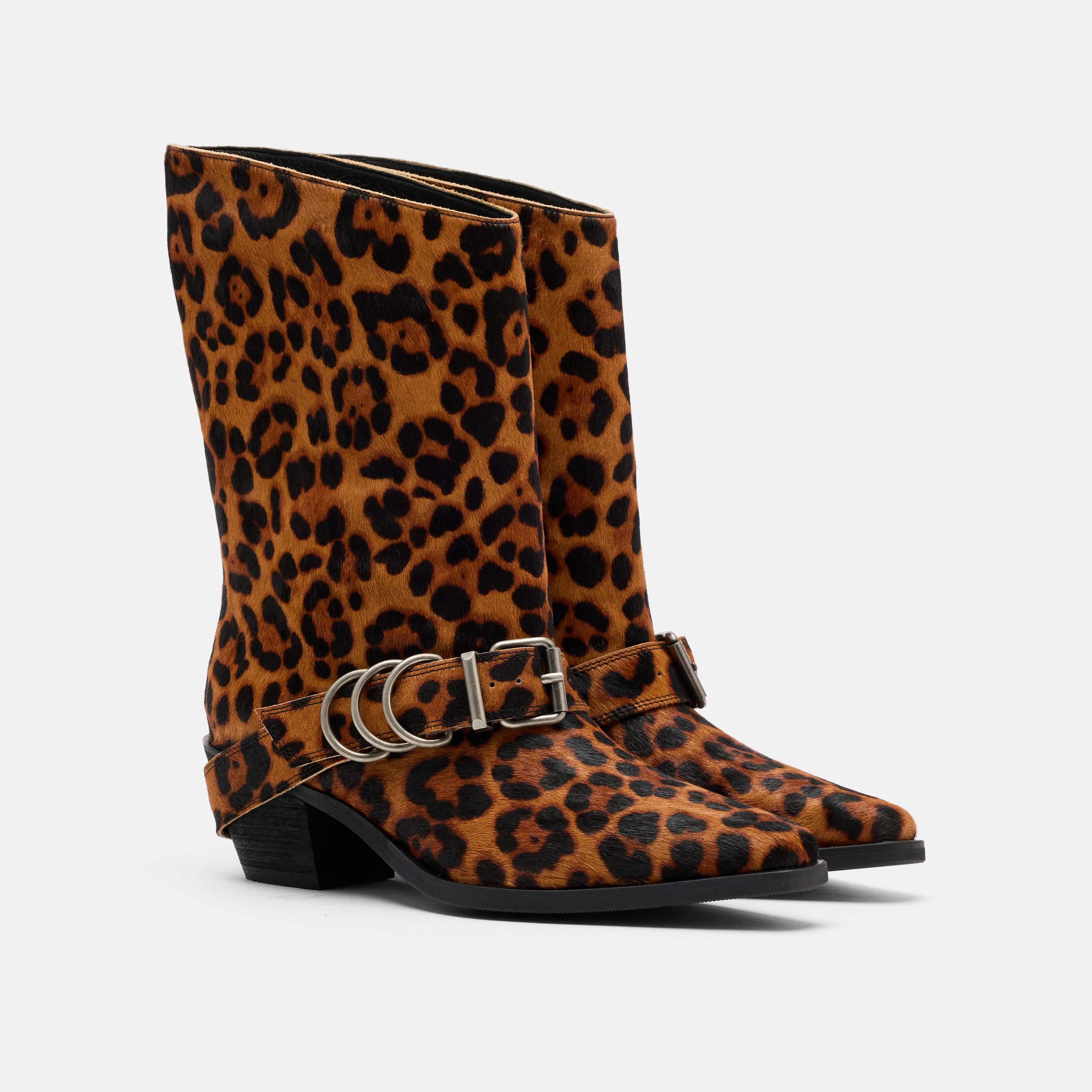 Donna Leopard Pony Hair Moto Ankle Boots