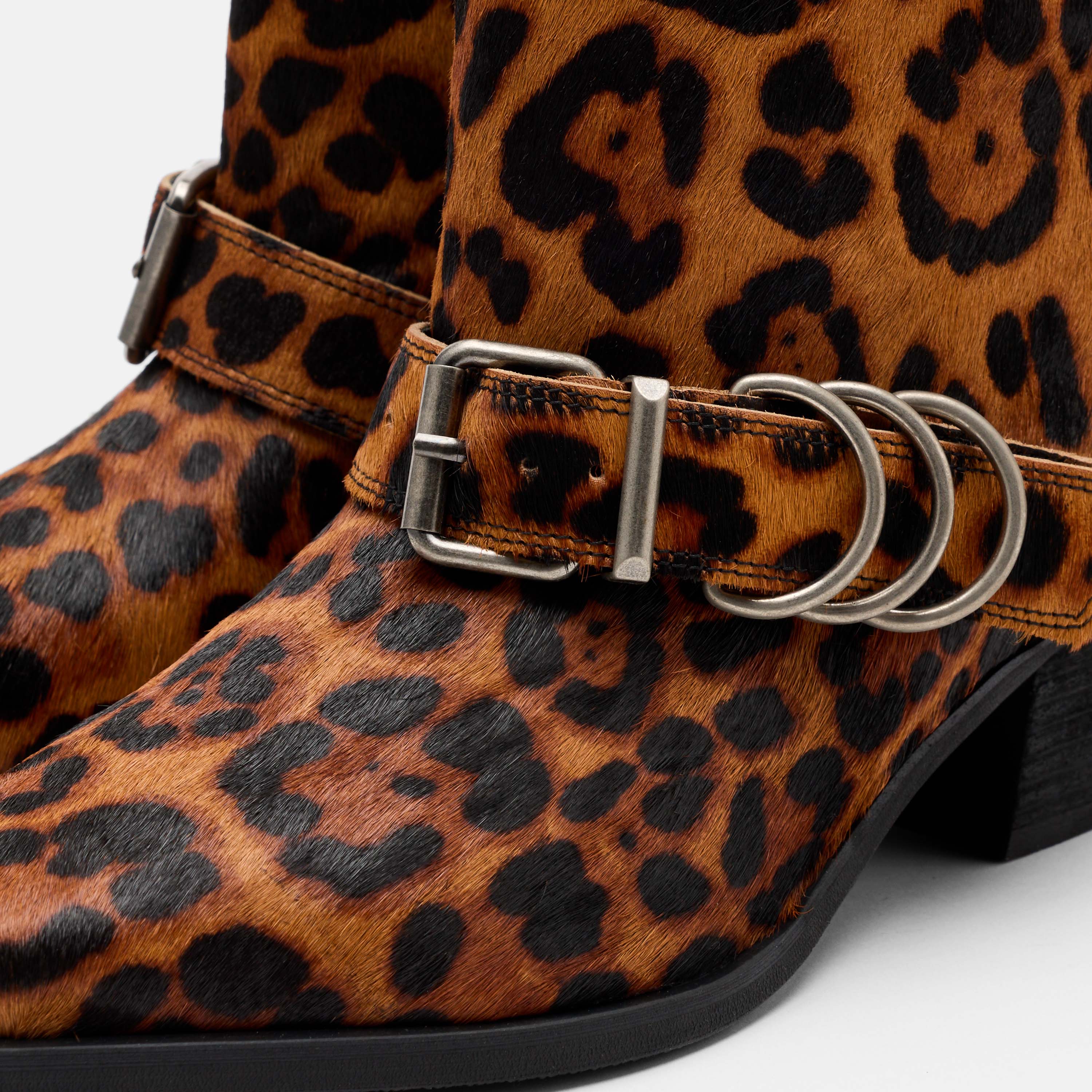 Donna Leopard Pony Hair Moto Ankle Boots