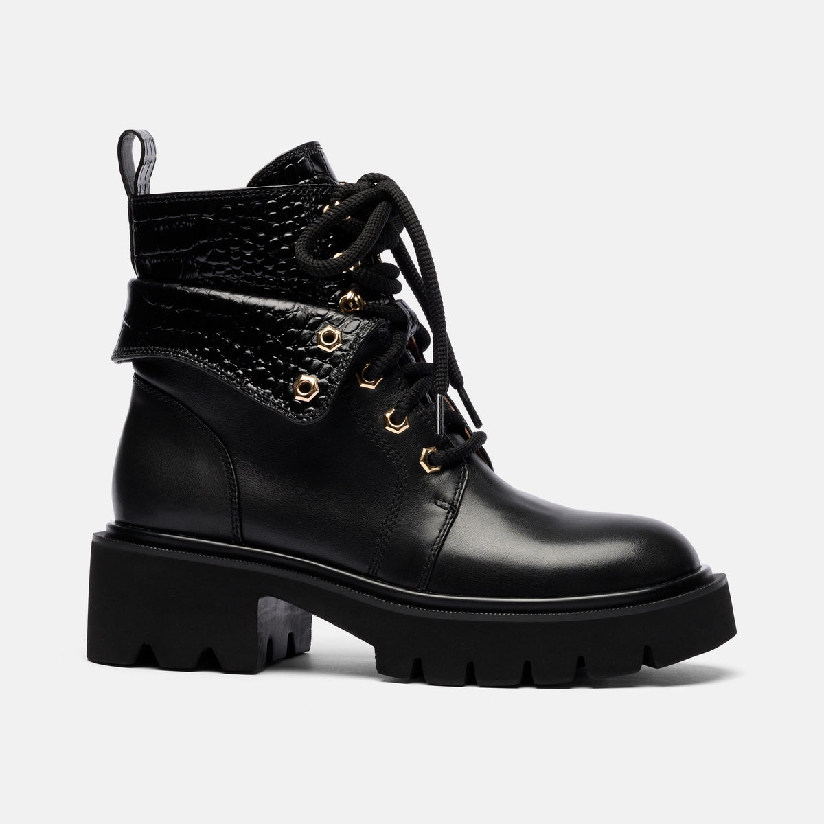 Drew Black Leather Cuff Combat Boot