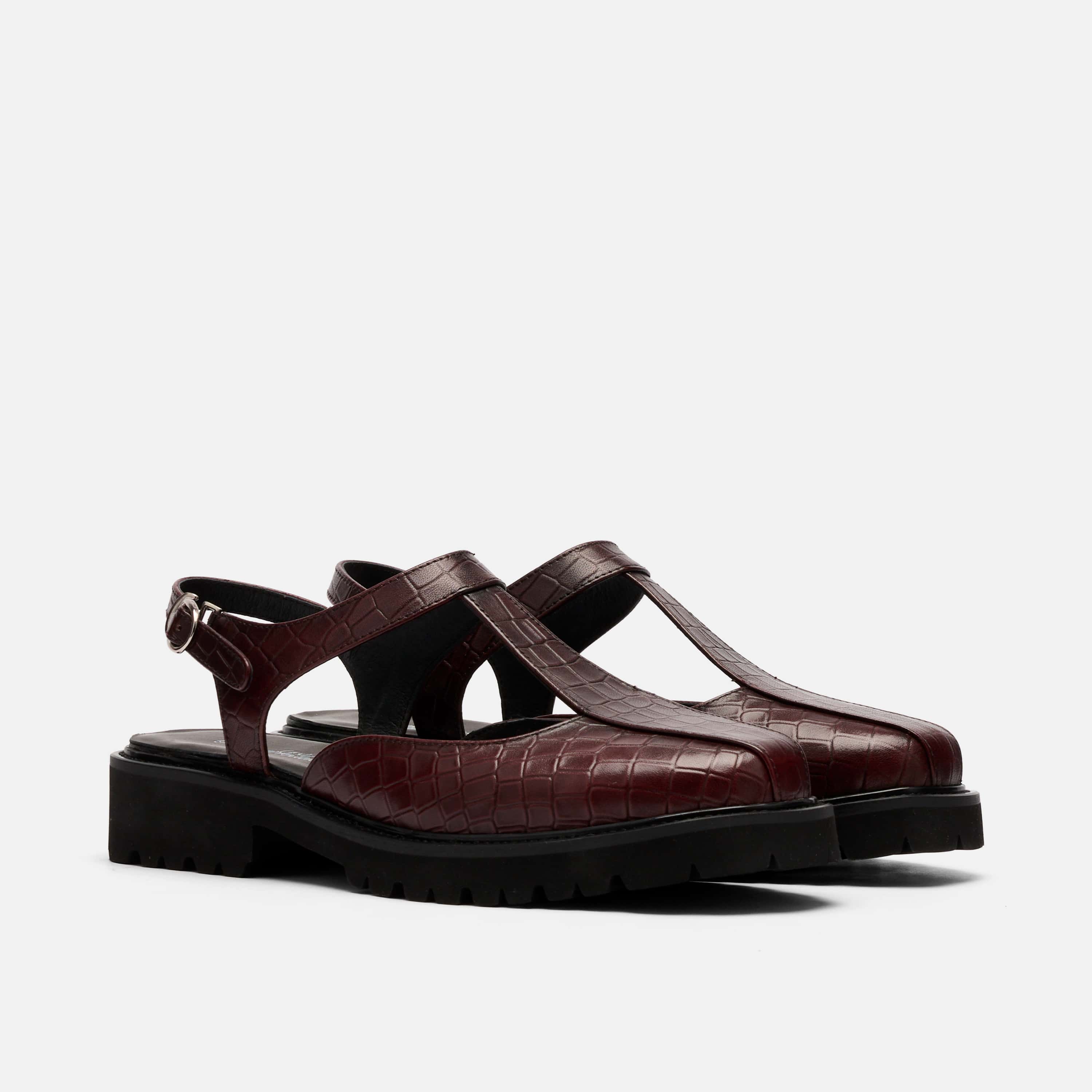 Frankie Wine Crocskin Leather Mary Jane Slingbacks