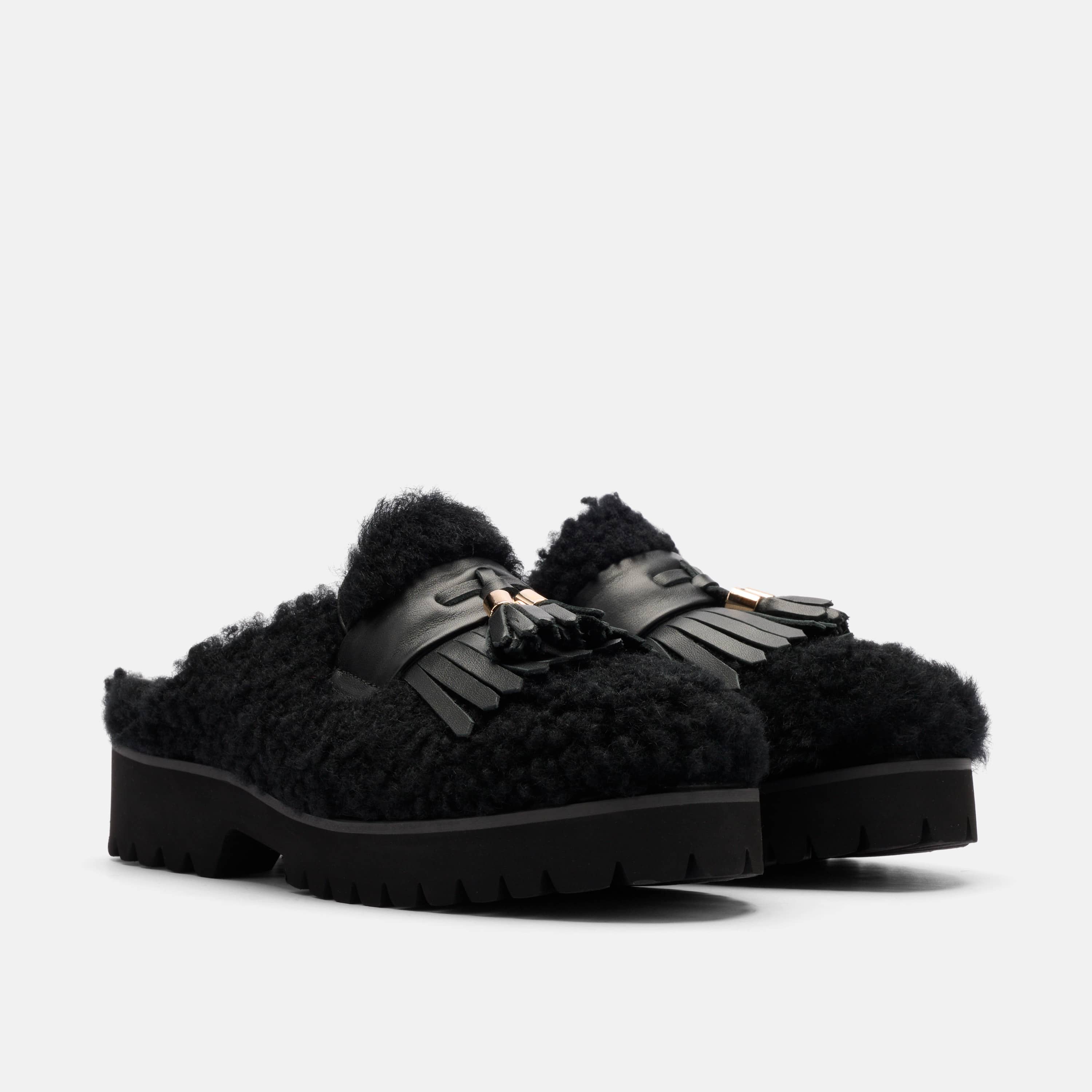 Hollis Black Shearling Tassel Mule